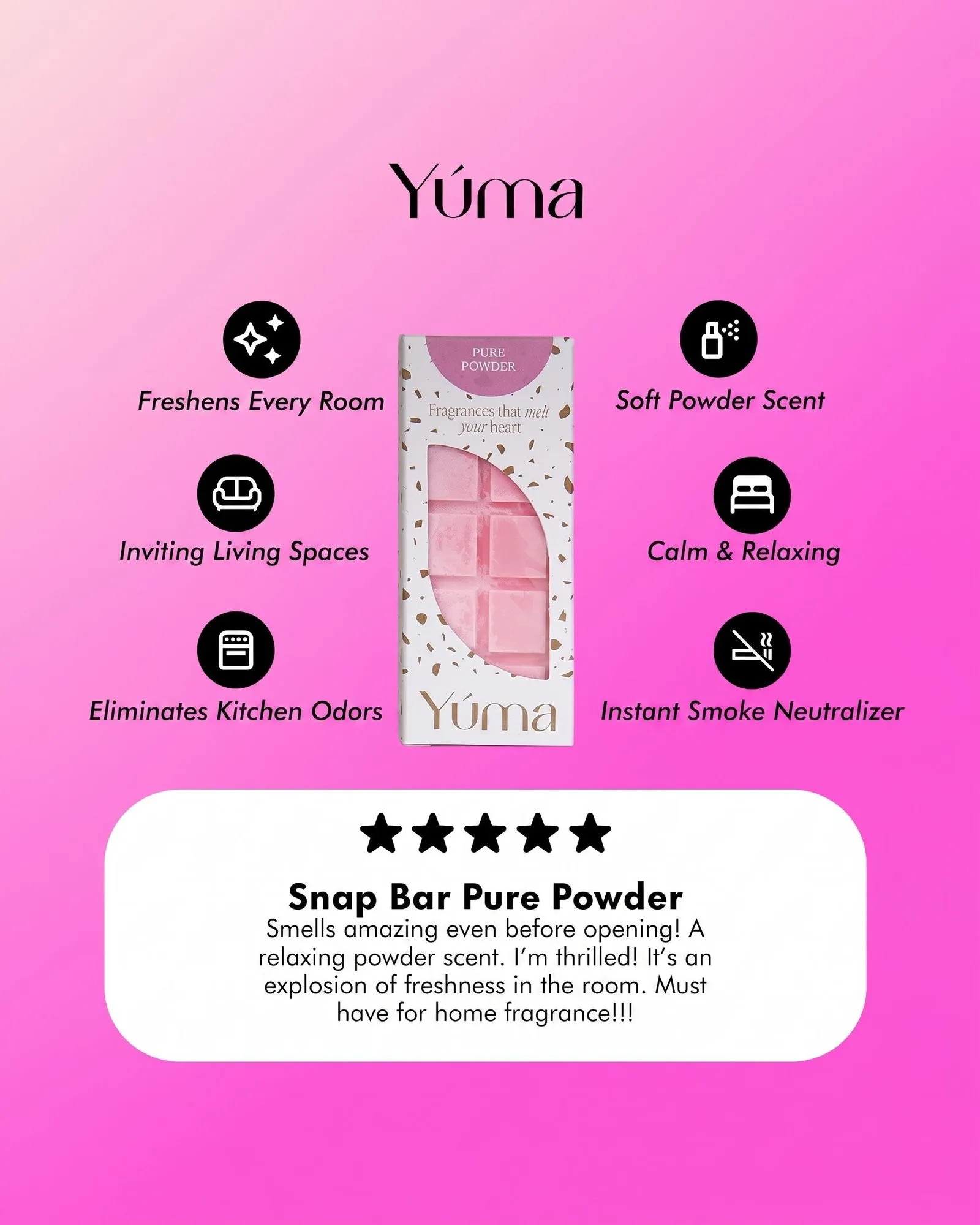 YUMA Pure Powder Wax Melts in white packaging displayed with benefit icons and a customer review.