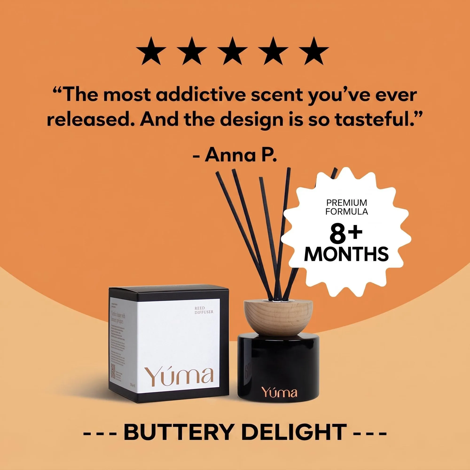 YUMA reed diffuser with a black vessel, wooden cap, and black reeds, shown next to its packaging.