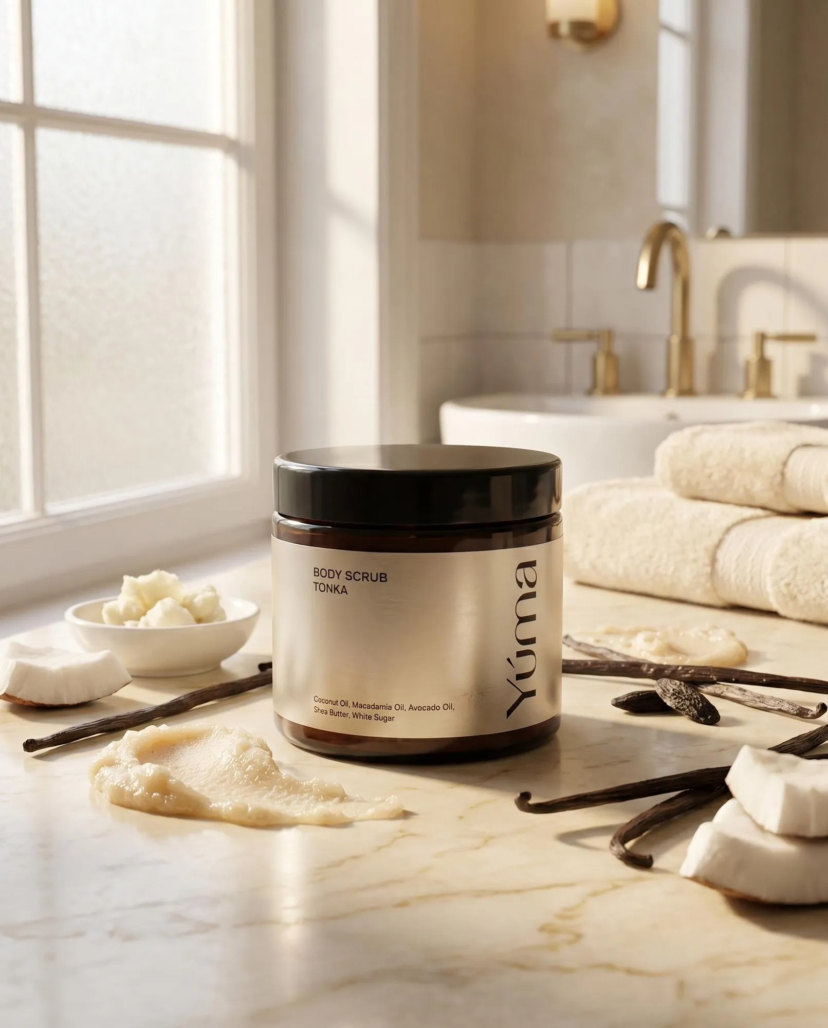 YUMA Tonka Body Scrub jar on a marble bathroom counter with product samples and coconut as a visual reference to the formula.