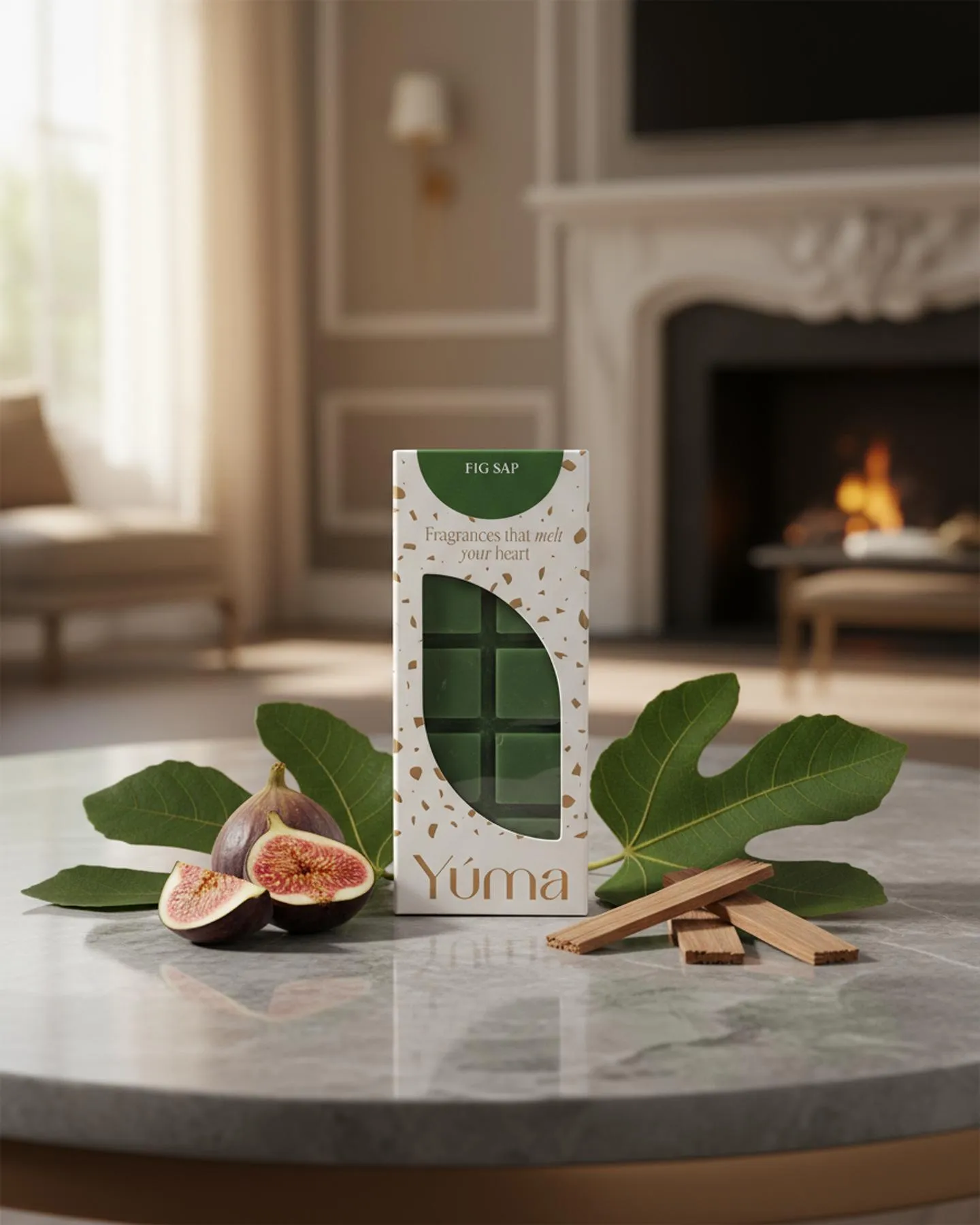 YUMA Fig Sap green Wax Melts beside fresh figs and leaves on a marble surface.