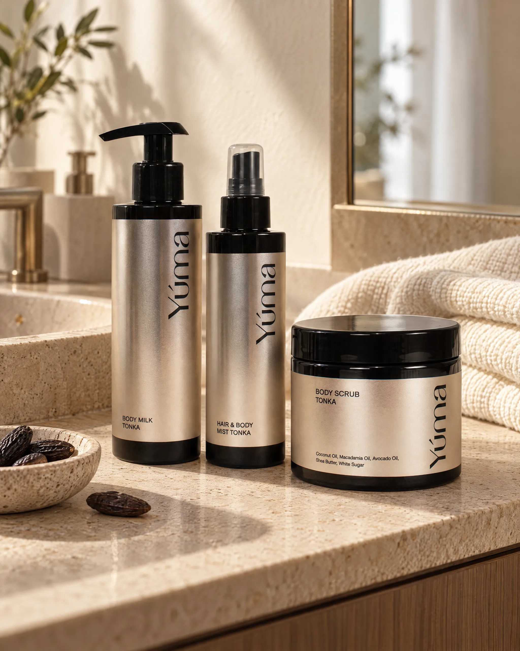 Yúma Tonka Body Care Set in a home setting.