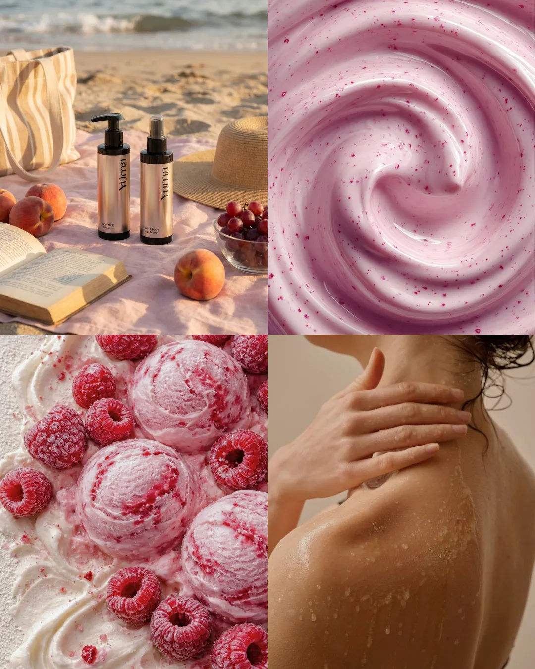 Collage of YUMA body products on sand, a pink cream, raspberry ice cream, and a scrub being applied to skin.