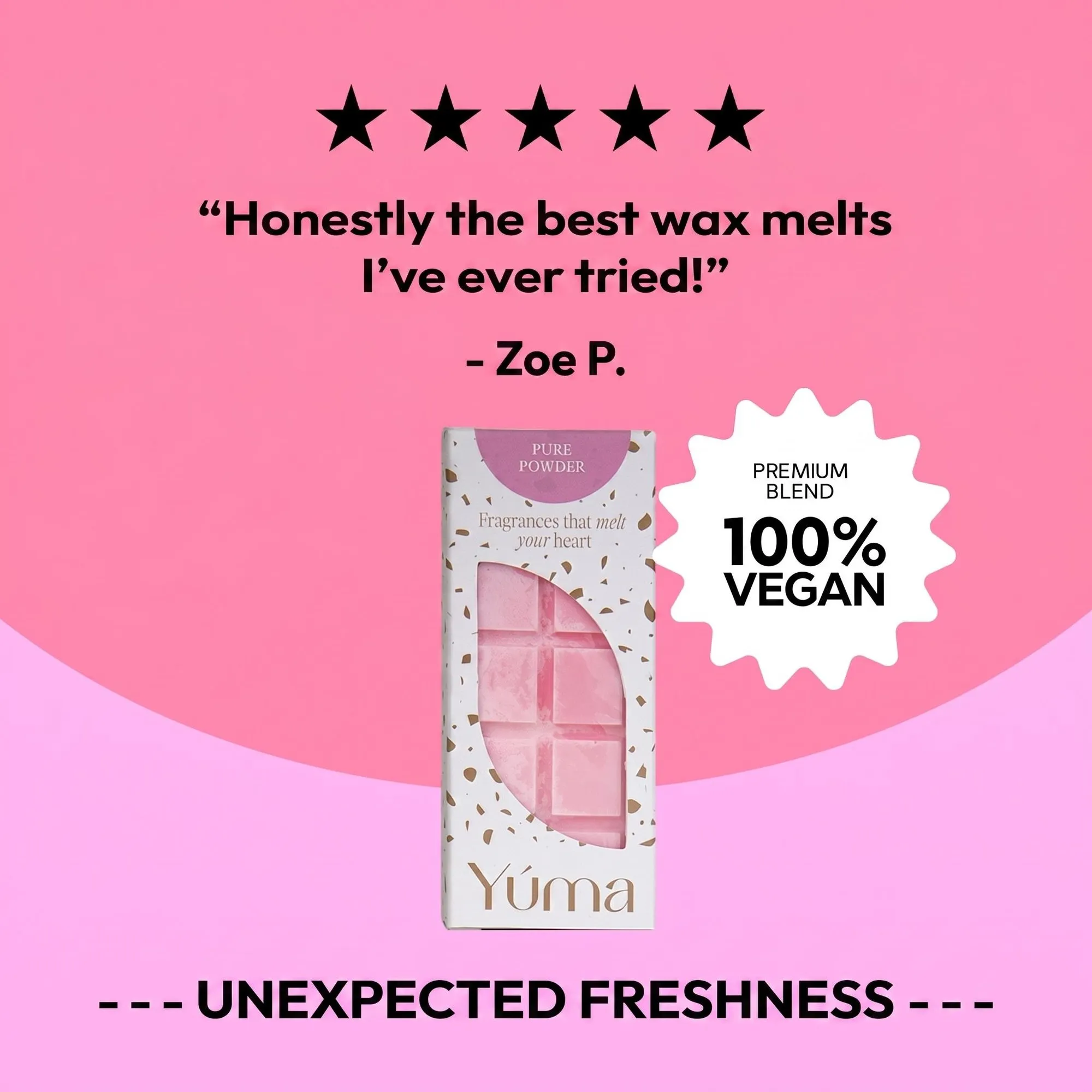 YUMA Pure Powder Wax Melts in pink packaging on a pink background, with a customer review.