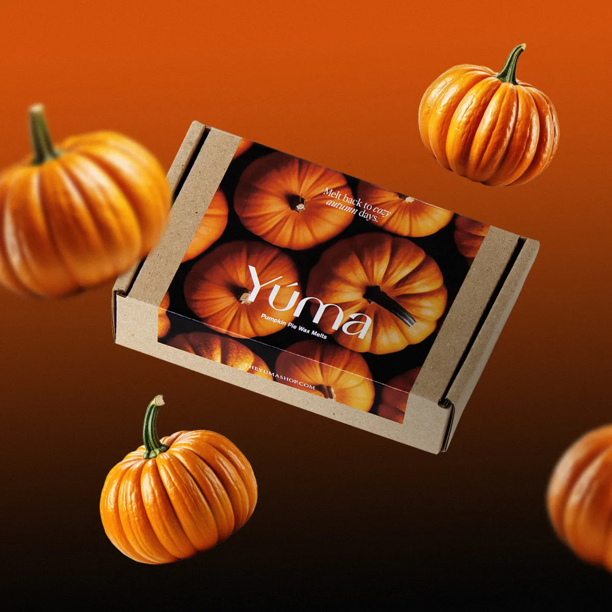 YUMA Pumpkin Pie Wax Melts paper box surrounded by small floating orange pumpkins.