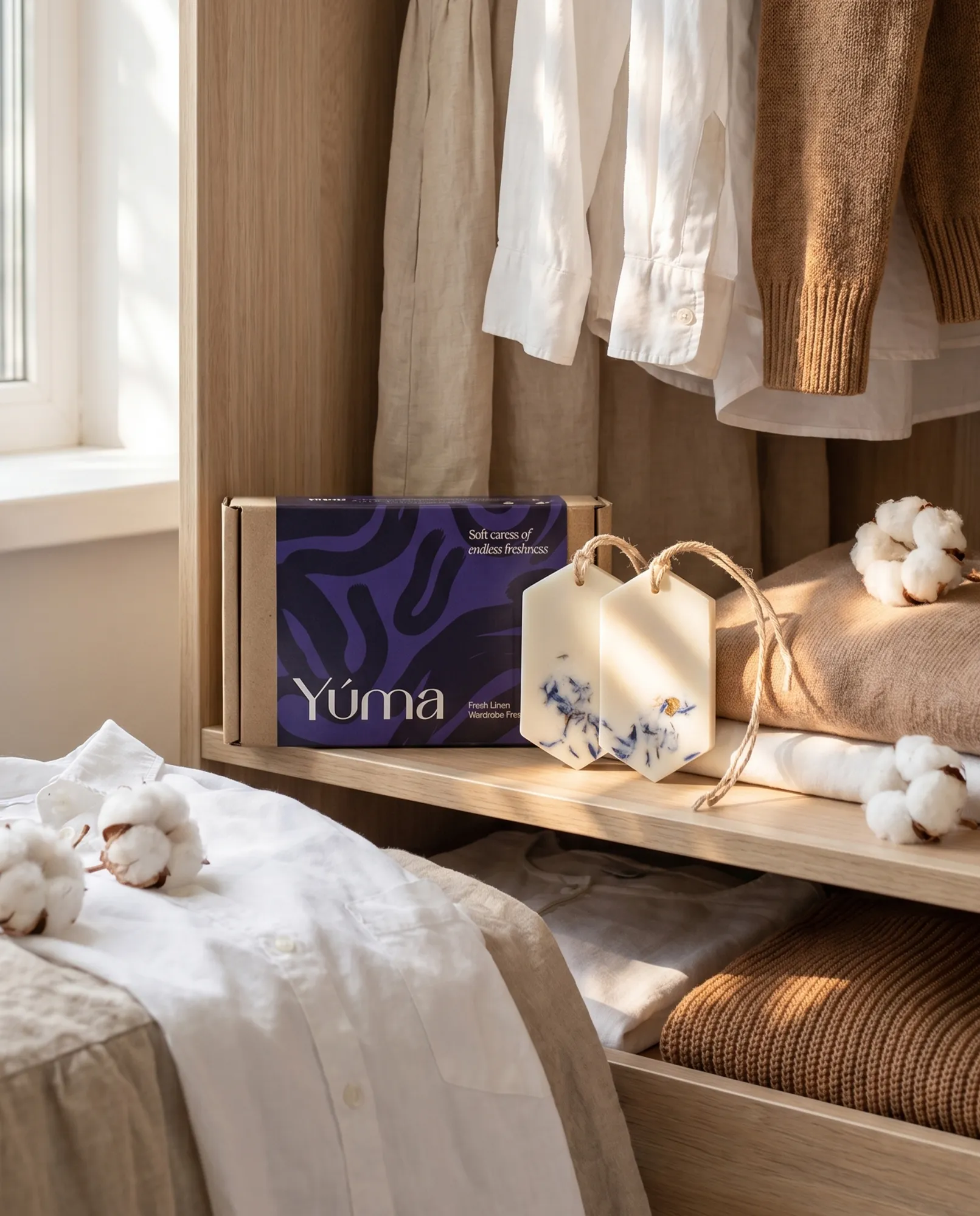 Two Fresh Linen Wax Tablets with dried flowers beside cotton clothing.