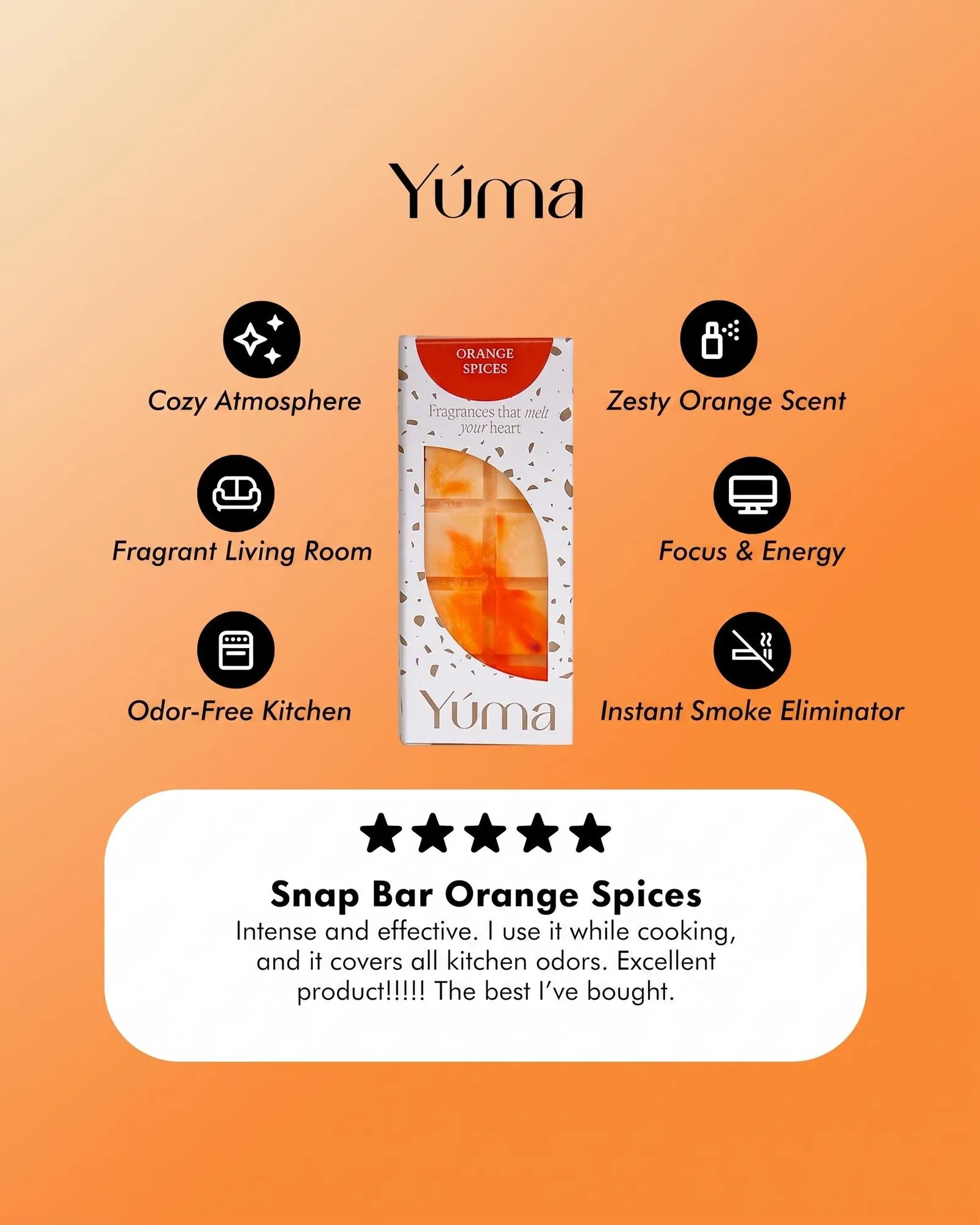 YUMA Orange Spices wax melts packaging on an orange background, with benefit icons and a customer review.