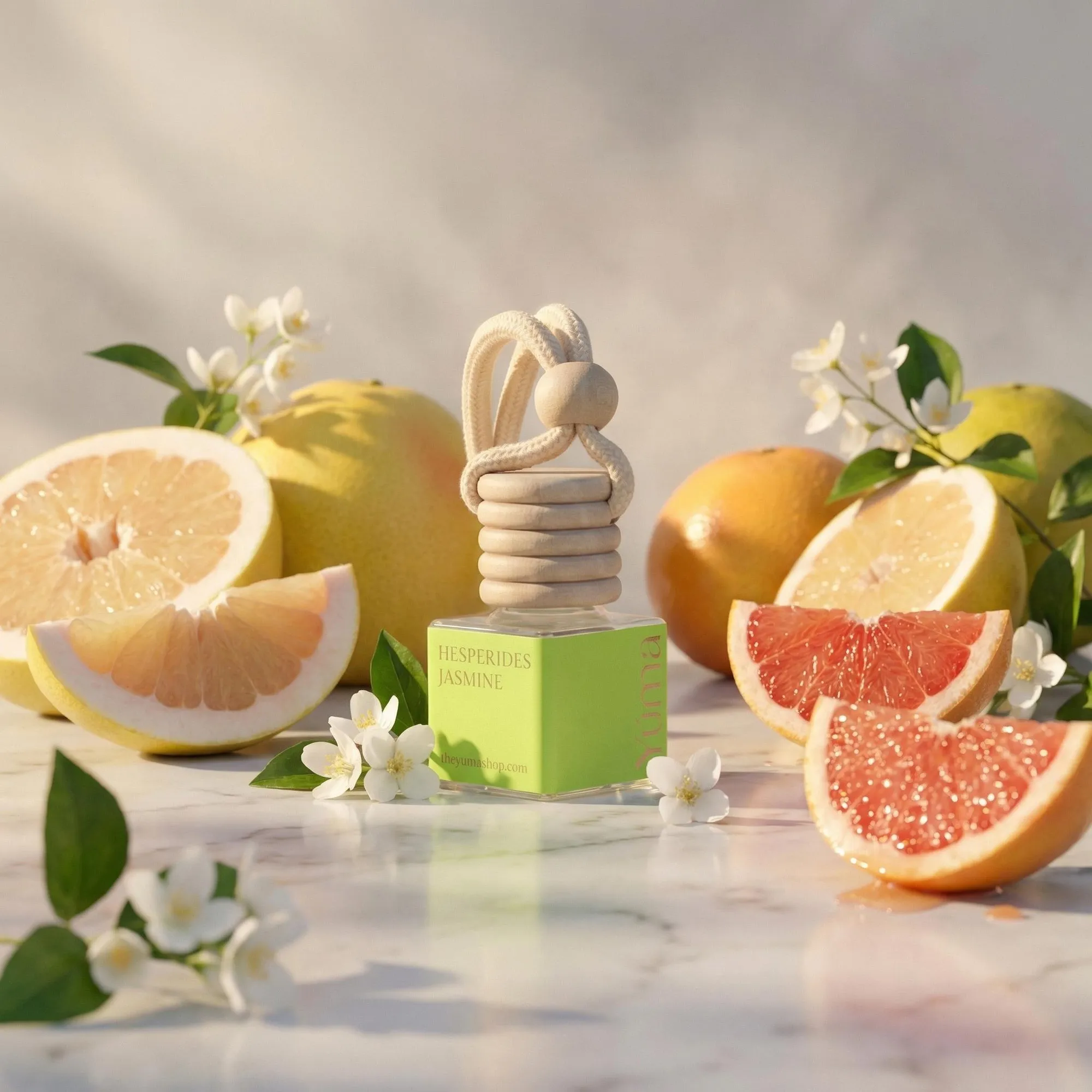 YUMA Hesperides Jasmine Car Diffuser surrounded by fresh citrus fruits and white jasmine flowers.