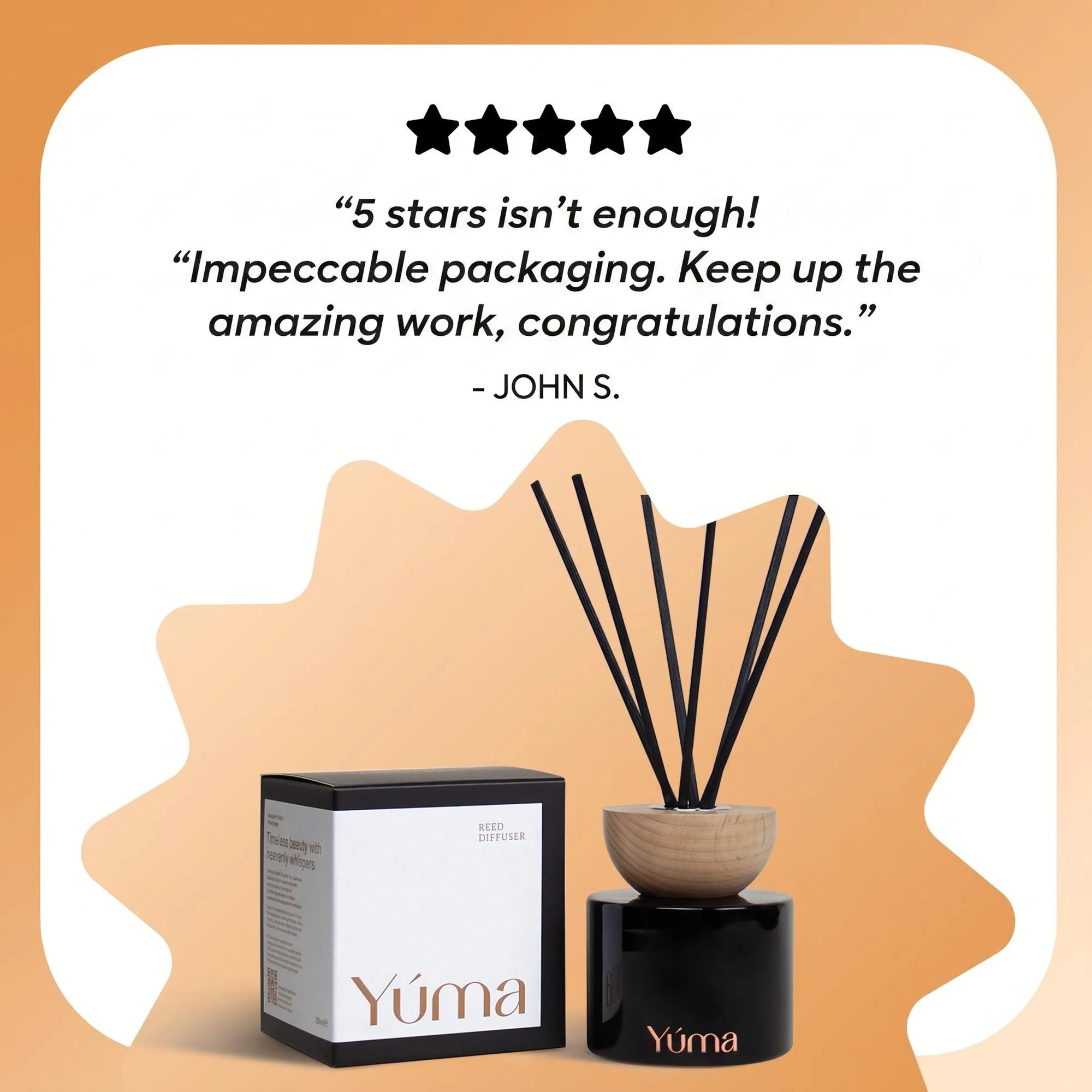 YUMA Salted Caramel reed diffuser next to its packaging, with a customer review.