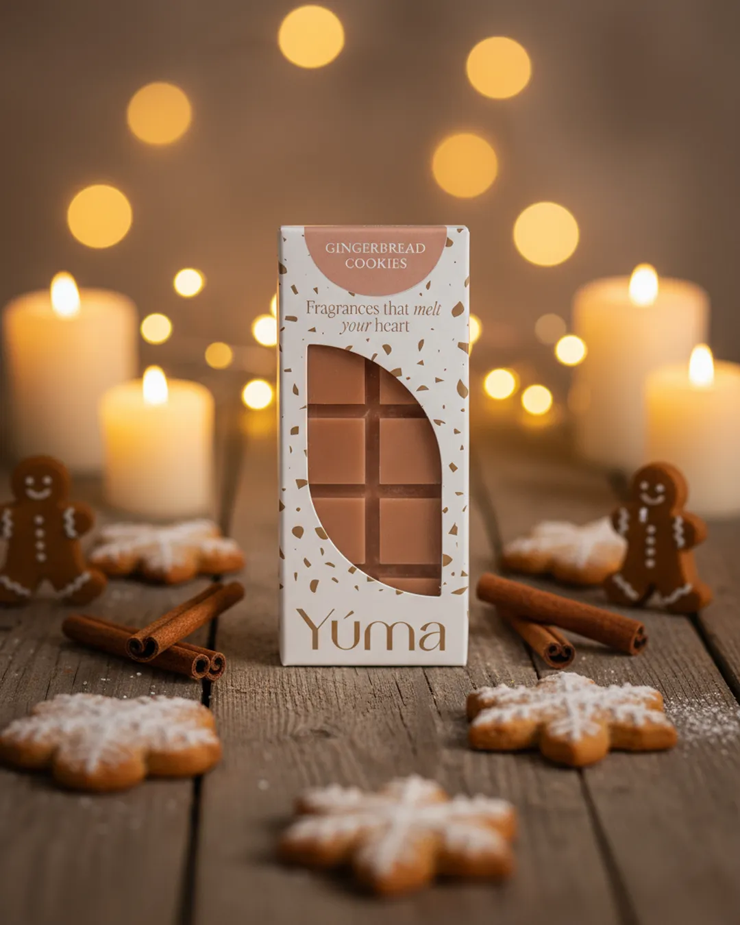 YUMA Gingerbread Cookies wax melts on a wooden table with cookies, cinnamon sticks, and lit candles.