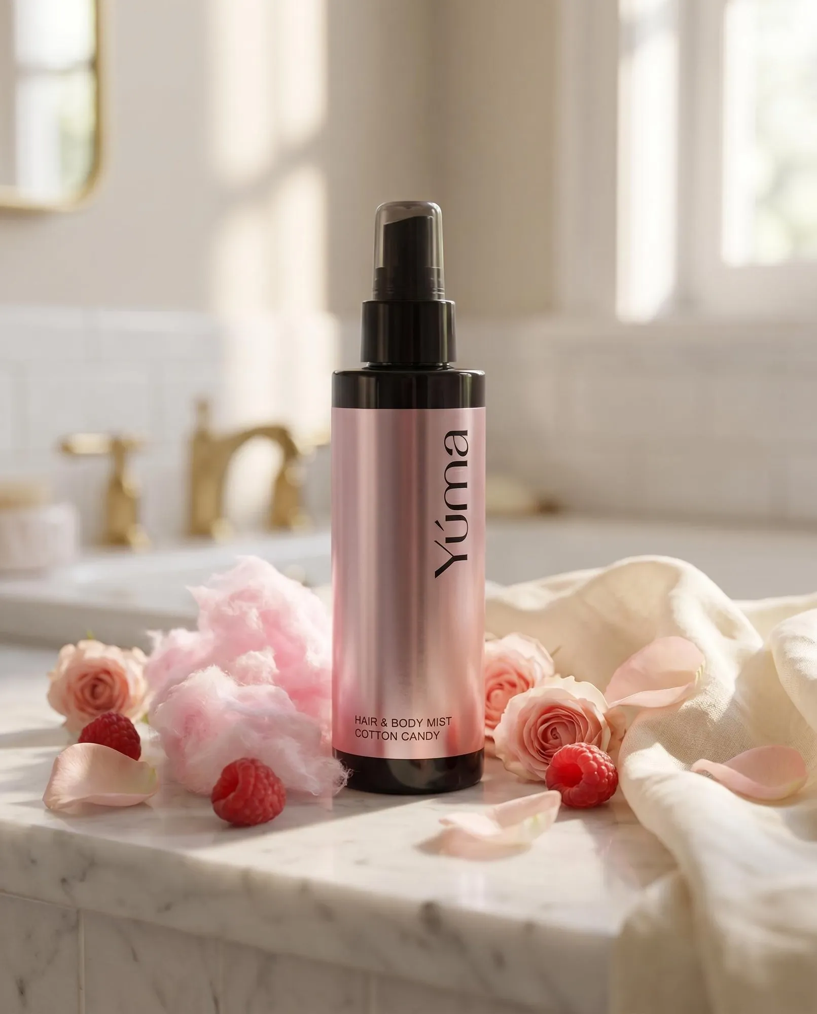 YUMA Cotton Candy Hair & Body Mist surrounded by pink roses, raspberries and cotton candy.