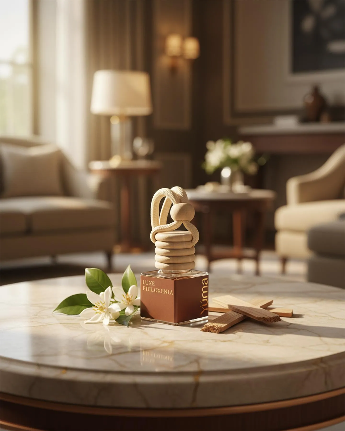 YUMA Car Diffuser Luxe Philoxenia on a marble table with white flowers and pieces of wood.