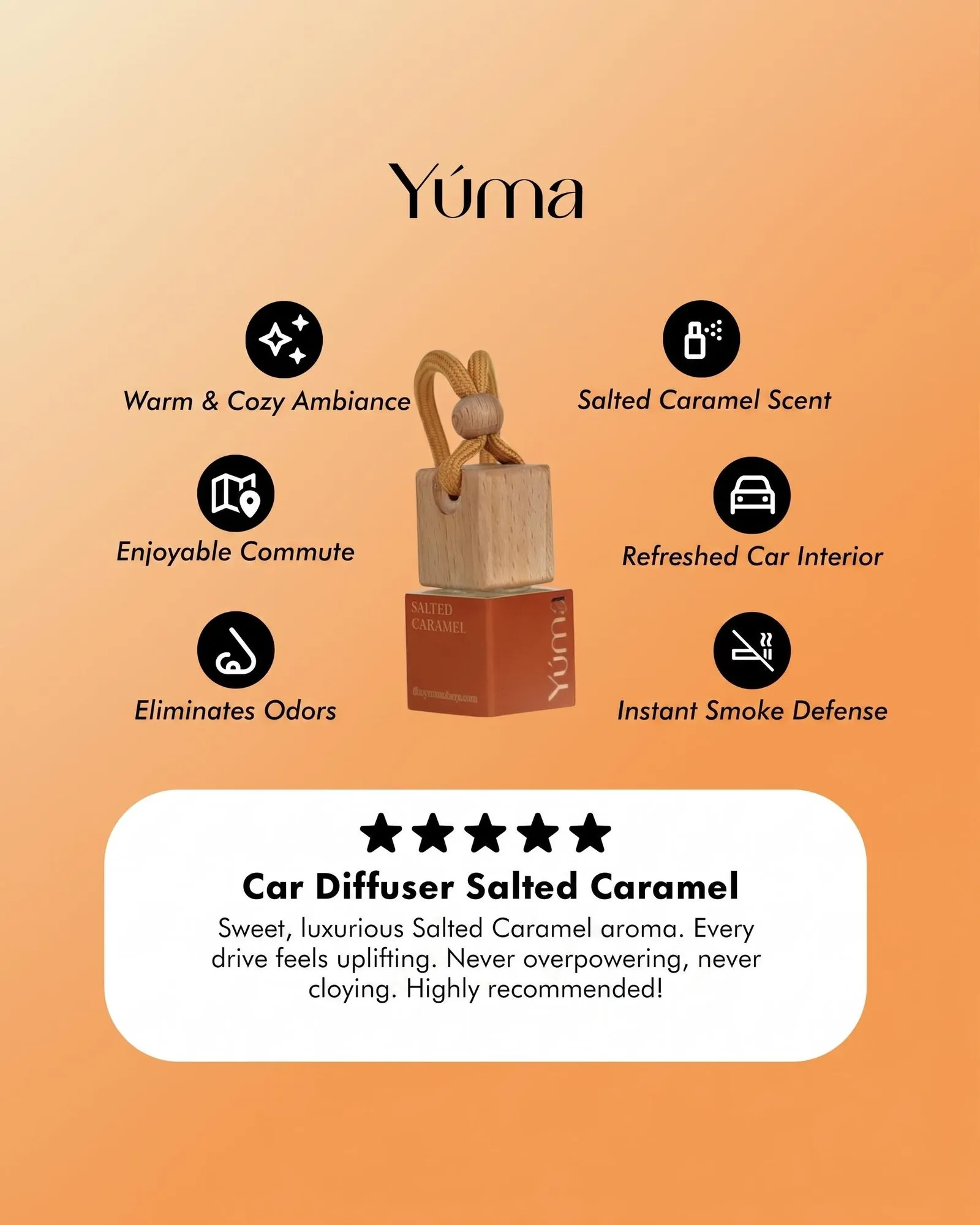 YUMA Salted Caramel Car Diffuser in a small wooden bottle with a yellow cord and benefit icons.