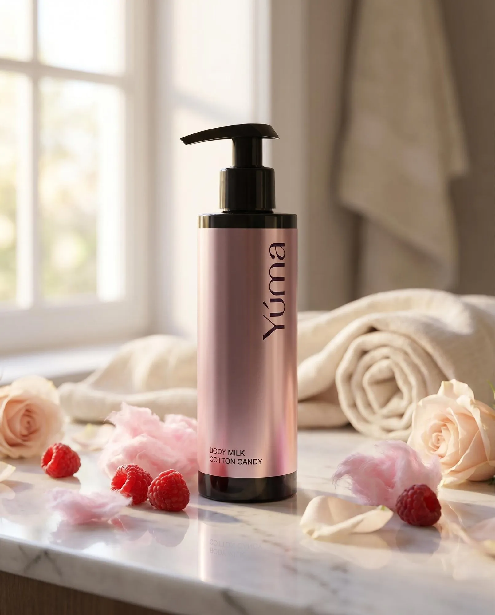 YUMA Cotton Candy Body Milk in a pink metallic bottle surrounded by raspberries, roses and cotton candy.
