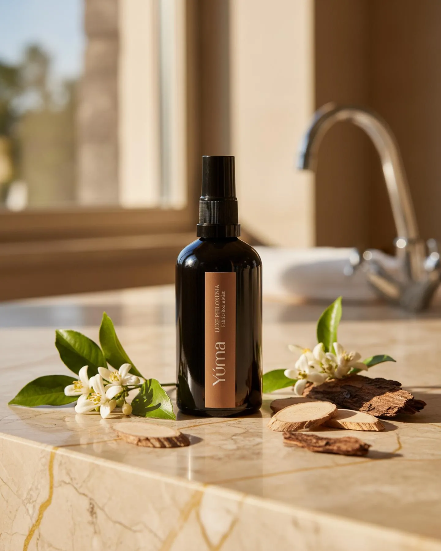 YUMA Luxe Philoxenia dark glass bottle surrounded by white flowers and pieces of wood.