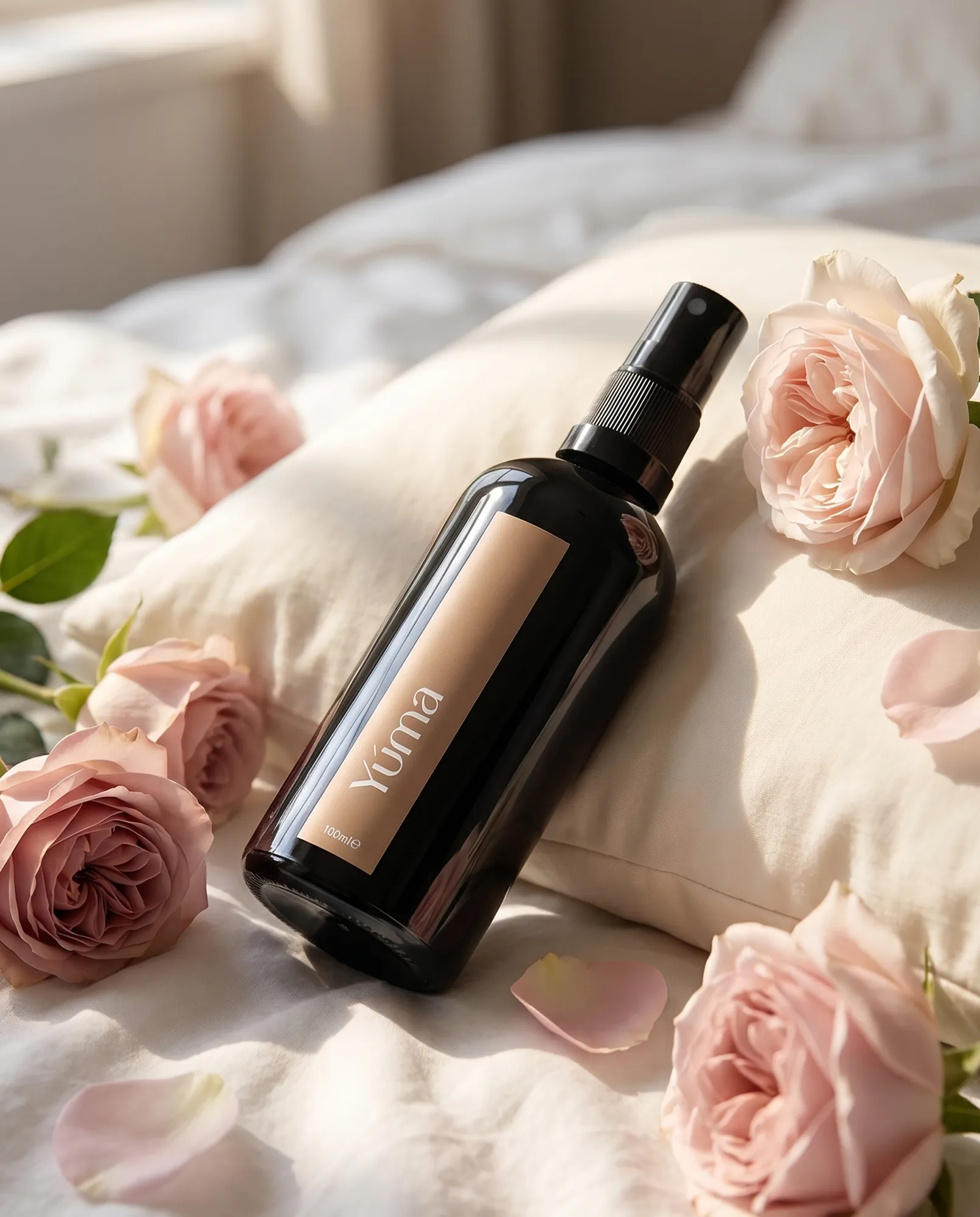 Dark bottle of YUMA Pure Powder Fabric/Room Mist on a white pillow with pink roses.