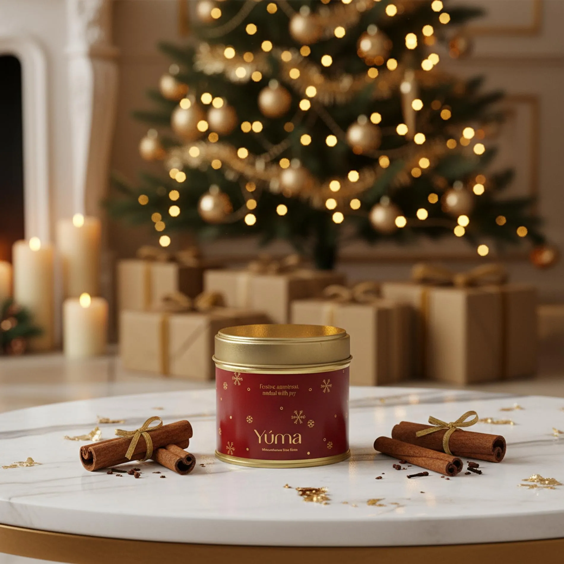 YUMA Melomakarono red metal tin surrounded by cinnamon sticks with a Christmas tree in the background.