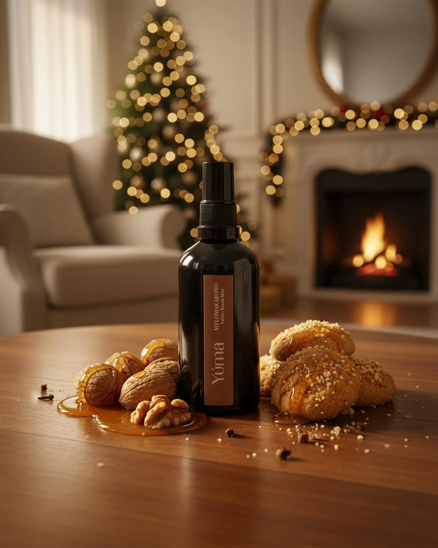 YUMA Fabric Mist Melomakarono dark bottle surrounded by melomakarona and walnuts in front of a fireplace.