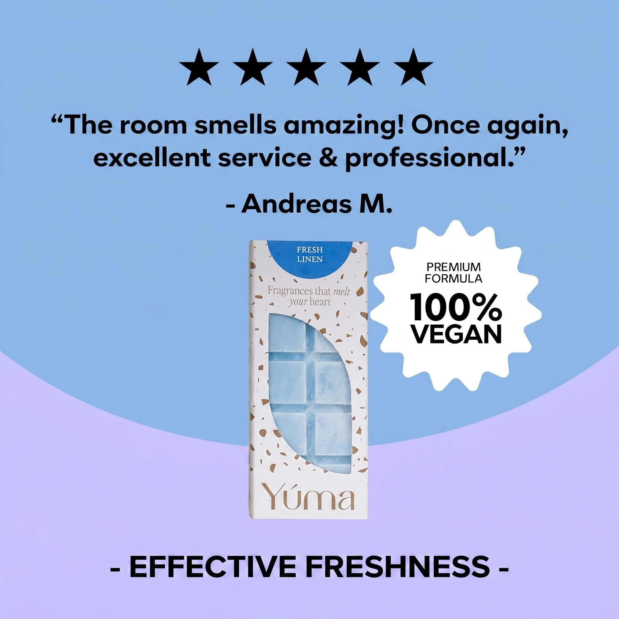 YUMA Fresh Linen Wax Melts in blue packaging with a five-star customer review.