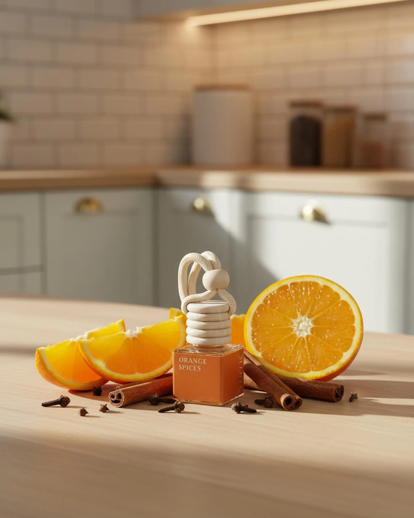 YUMA Car Diffuser in Orange Spices surrounded by orange slices, cinnamon sticks, and cloves.