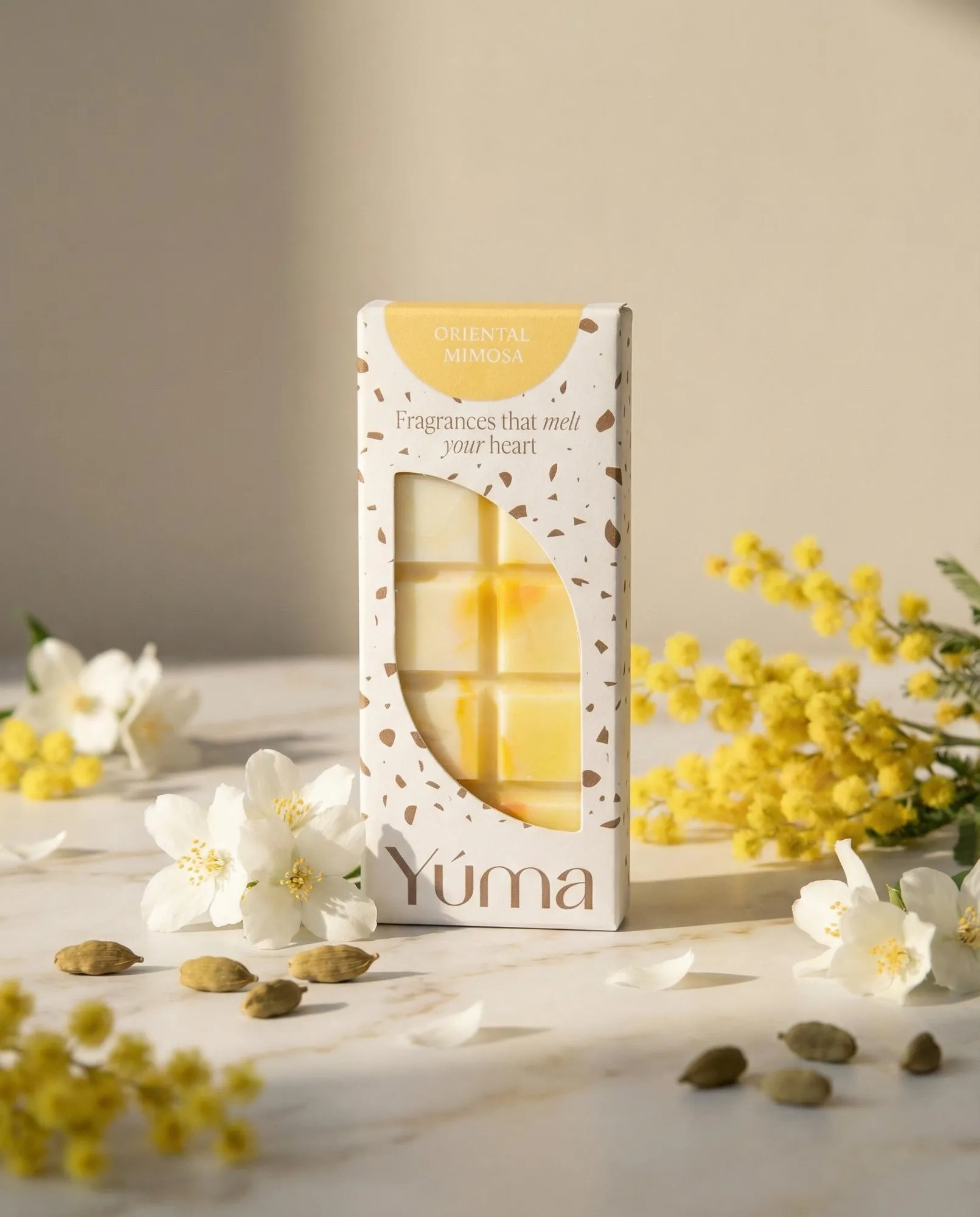 YUMA Oriental Mimosa wax melts packaging nestled among yellow mimosa blooms and white flowers.