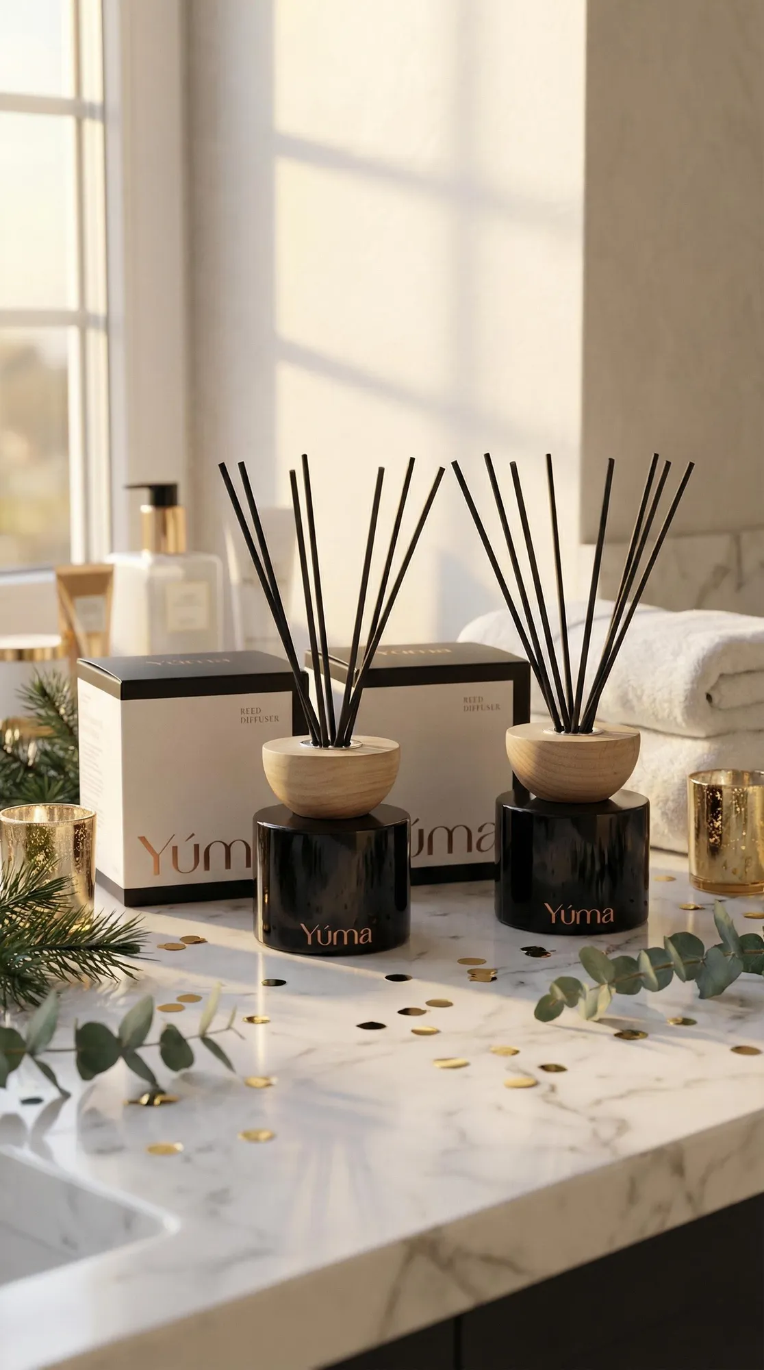Two black YUMA reed diffusers with wooden caps and black reeds on a marble countertop.