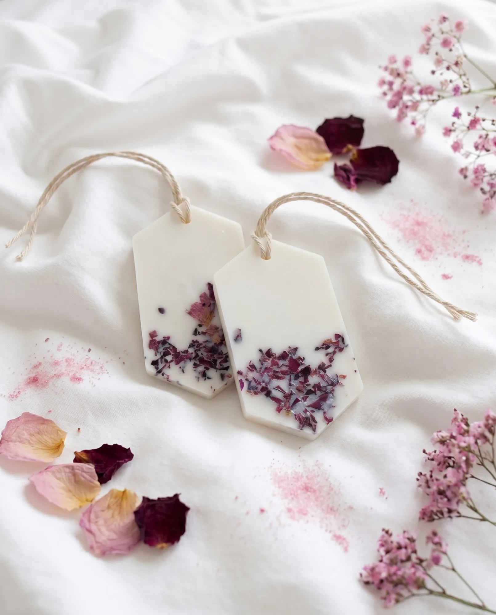 Two white Pure Powder Wax Tablets with dried petals on white fabric.