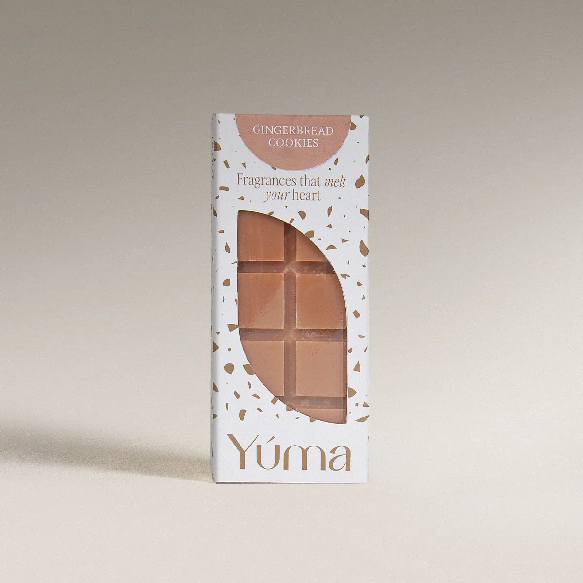 YUMA Gingerbread Cookies Wax Melts packaging with a brown wax bar shaped like a chocolate block.