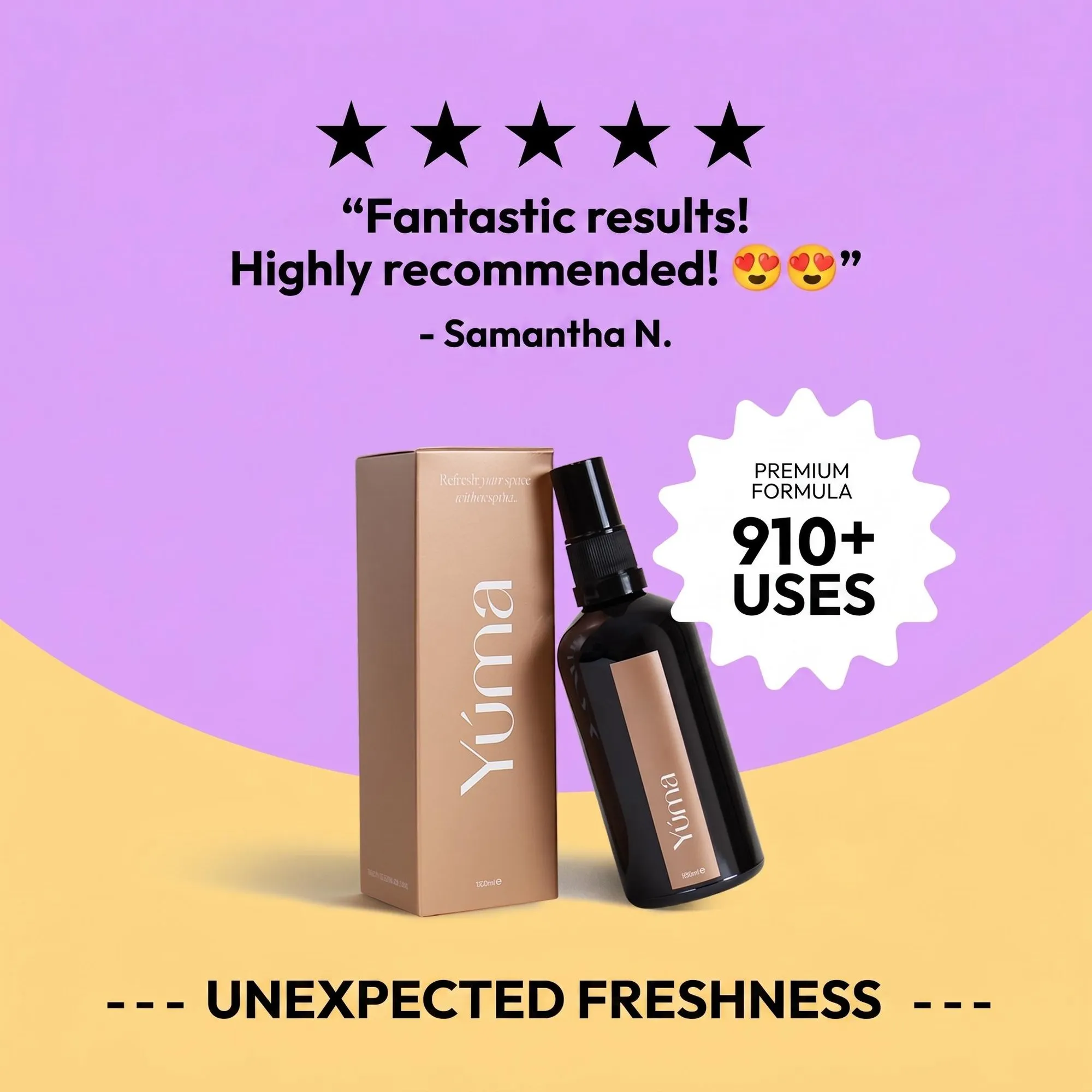 YUMA Gold Orchid dark glass spray bottle beside its beige box on a purple background.