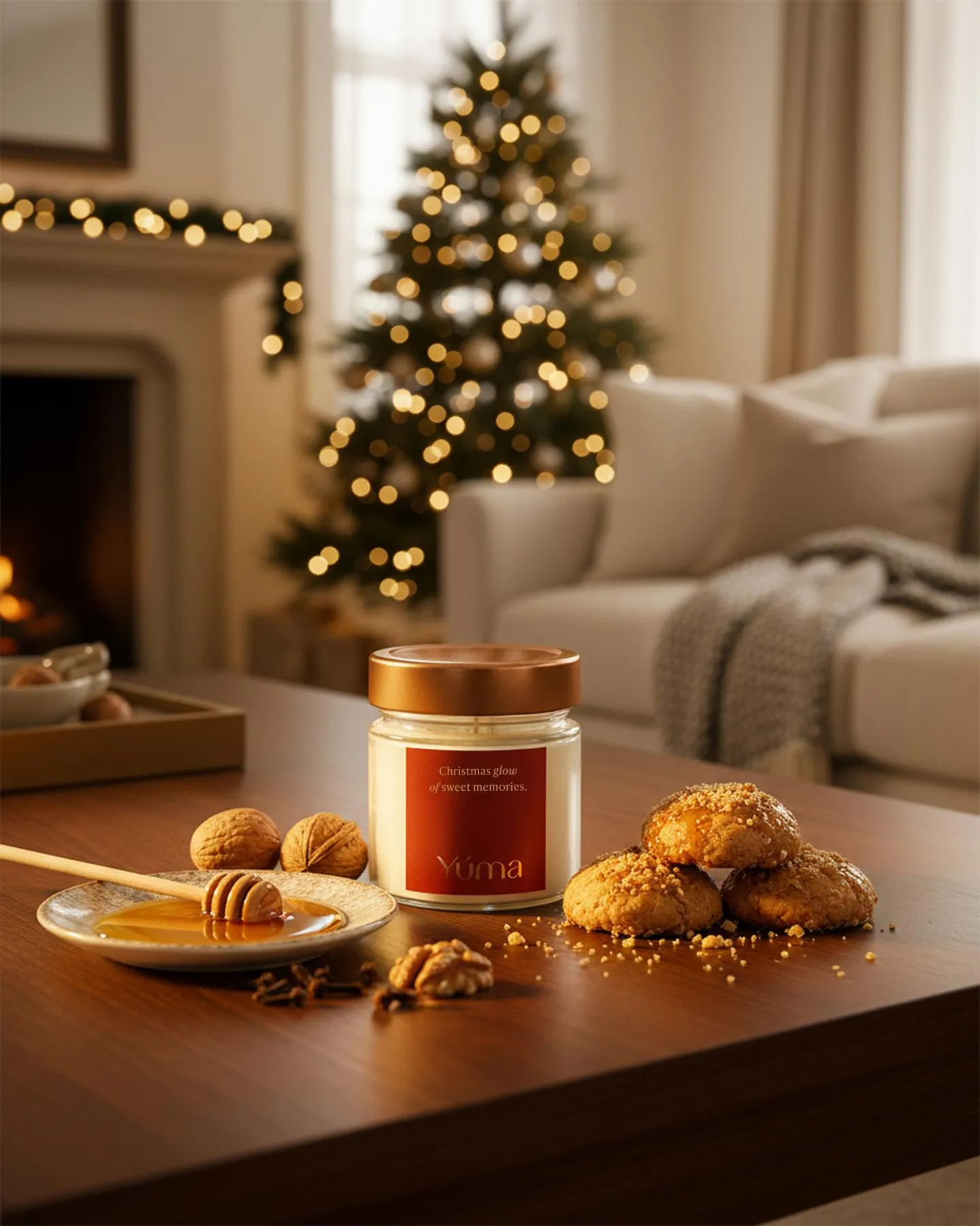YUMA Melomakarono candle beside melomakarona, honey and walnuts with a Christmas tree in the background.