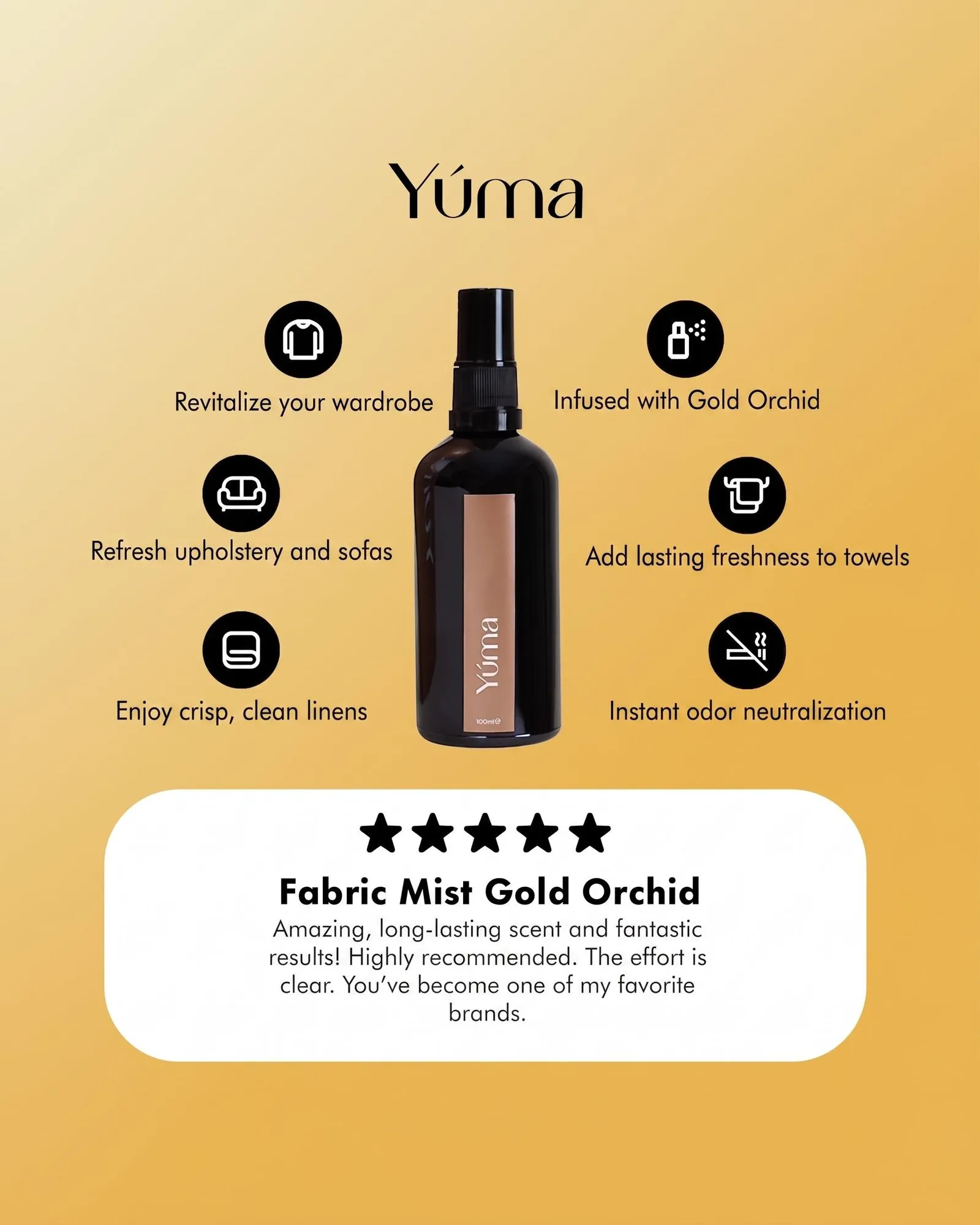 YUMA Fabric Mist Gold Orchid dark glass bottle surrounded by usage icons on a yellow background.