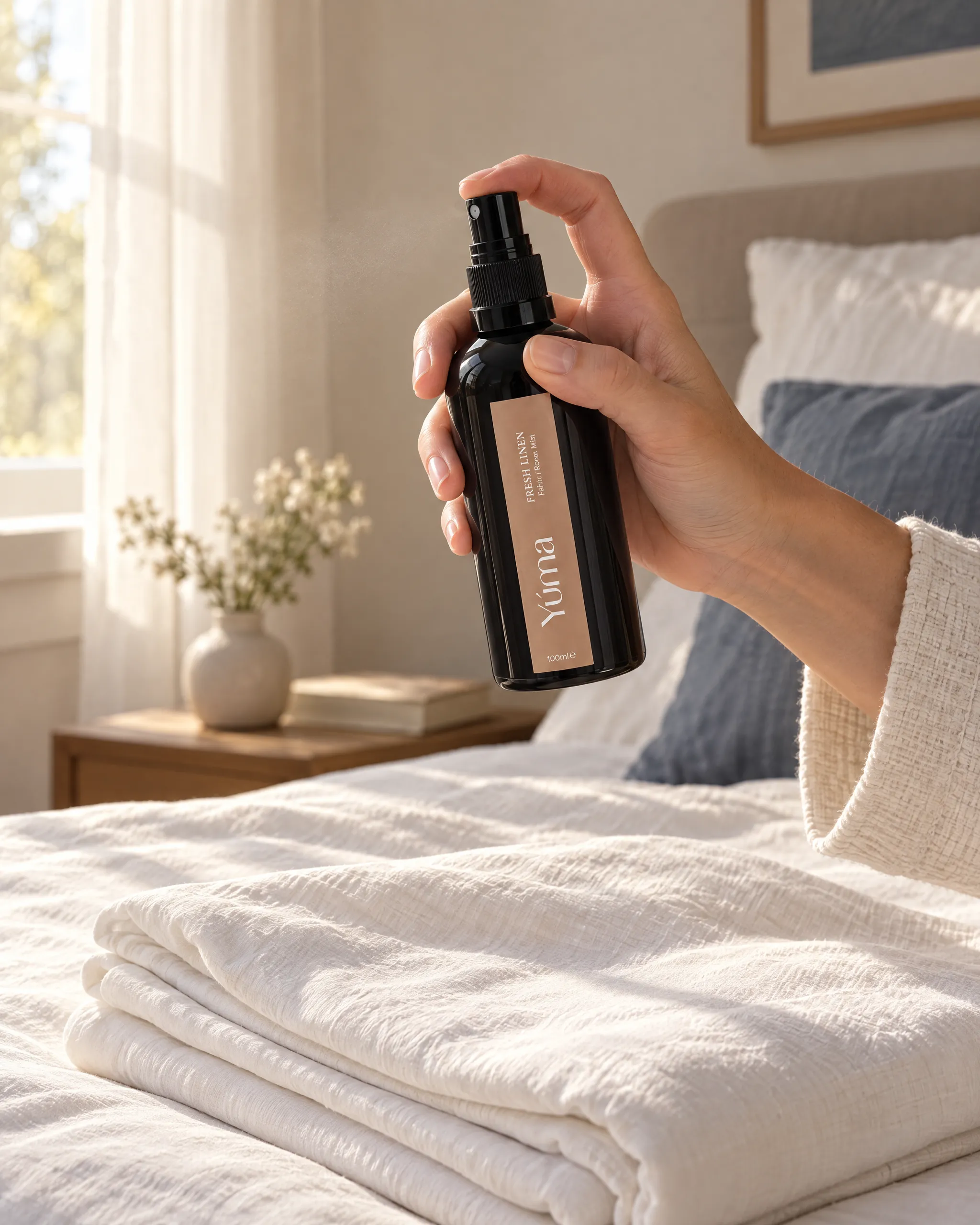 Yúma Fresh Linen Fabric/Room Mist in a home setting.