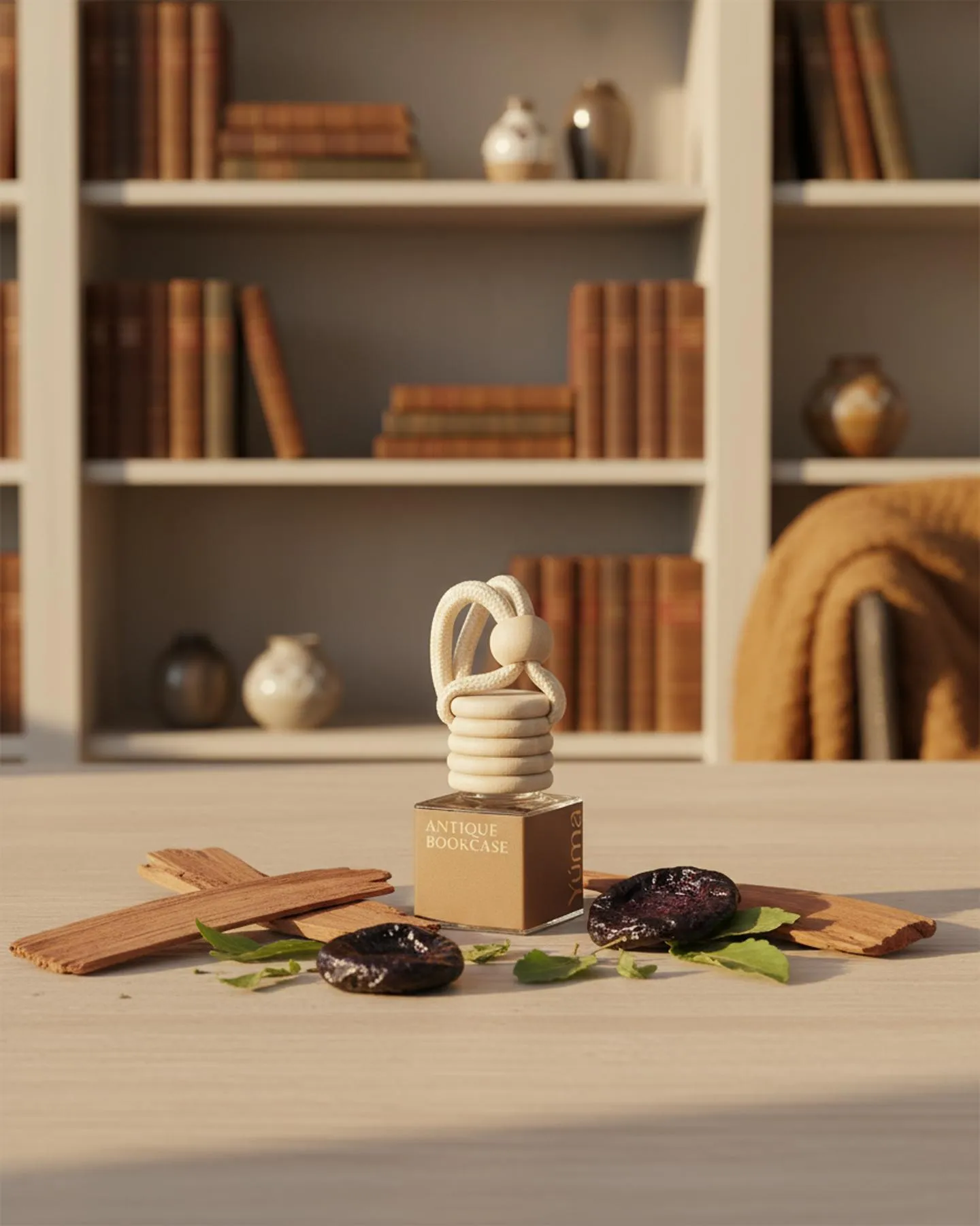 YUMA Car Diffuser Antique Bookcase on a wooden table with wood pieces and a bookcase in the background.