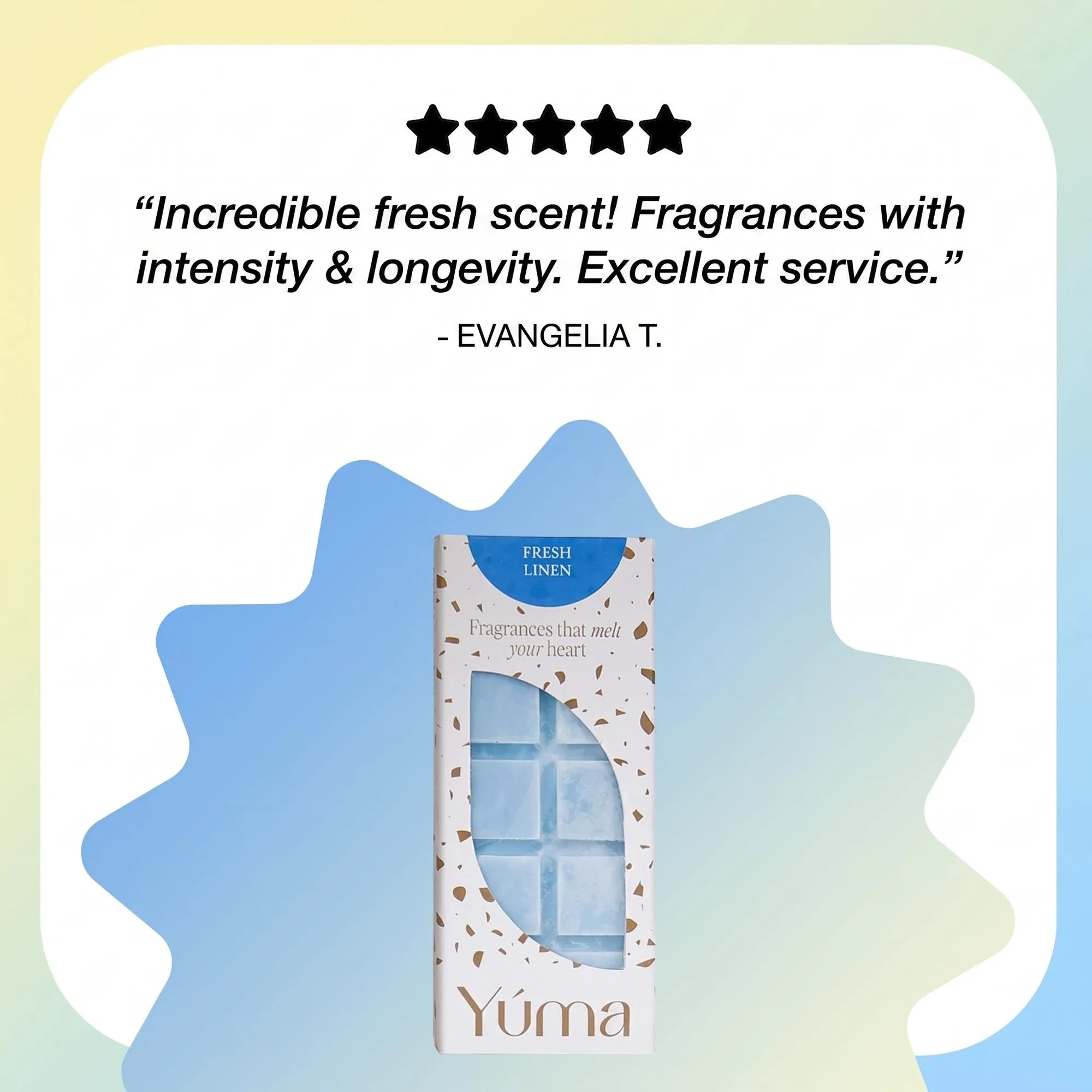 YUMA Fresh Linen wax melts packaging with a customer review and five-star rating on a light blue background.