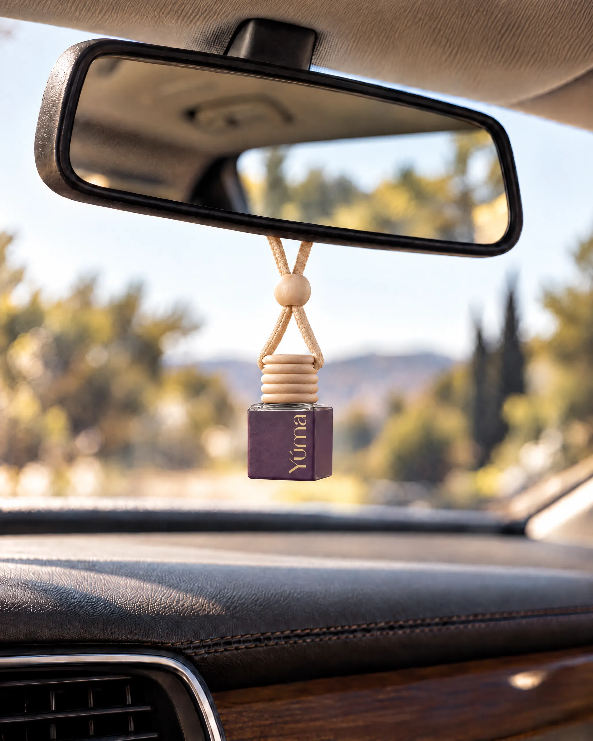 Yúma Black Orchid Car Diffuser hanging inside a car.