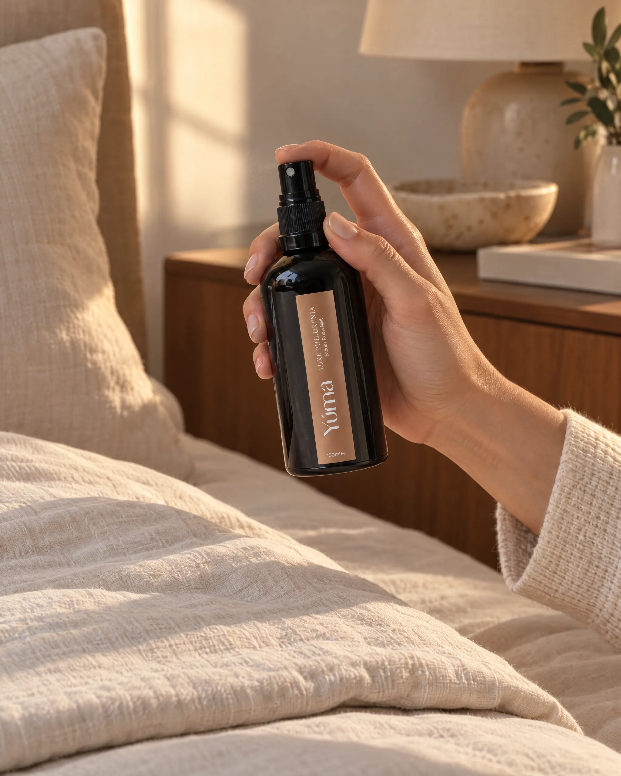 Yúma Luxe Philoxenia Fabric/Room Mist in a home setting.