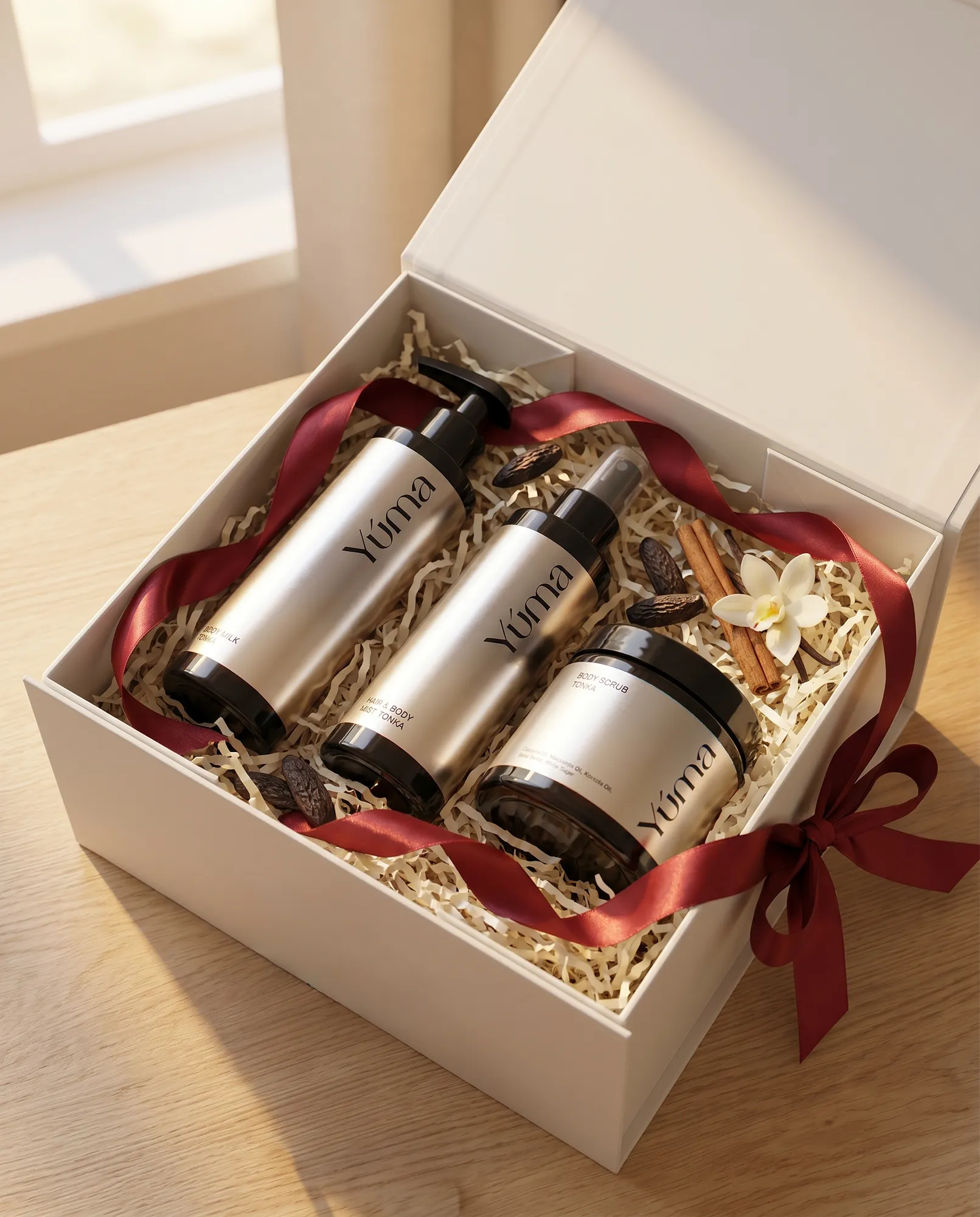 YUMA Tonka Gift Set in a white box with a burgundy ribbon and cinnamon sticks.