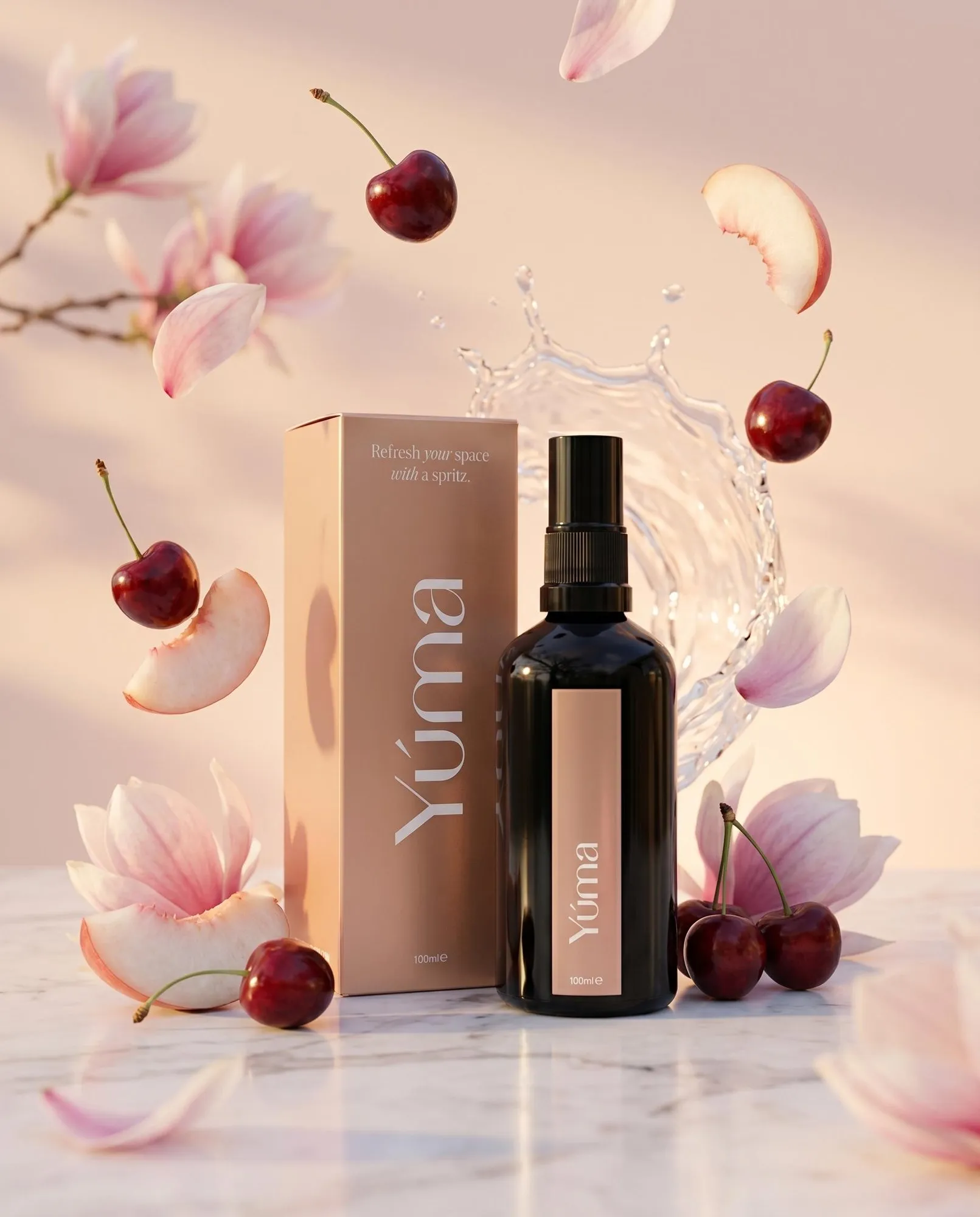 YUMA Cherry Sonnet in a black spray bottle, surrounded by cherries, peaches, and pink blossoms.