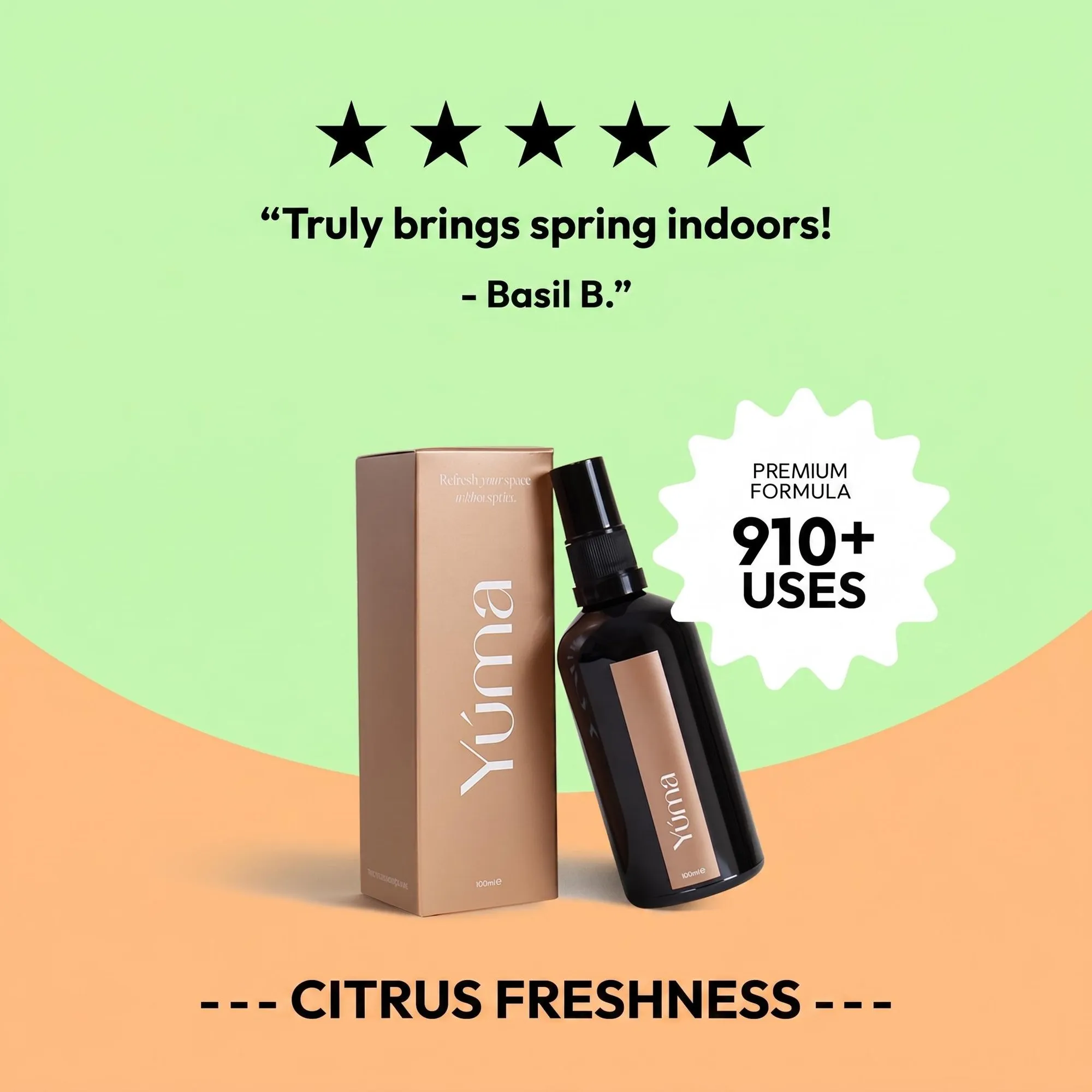 A YUMA Hesperides Jasmine Fabric Spray next to its packaging on a green and orange background.