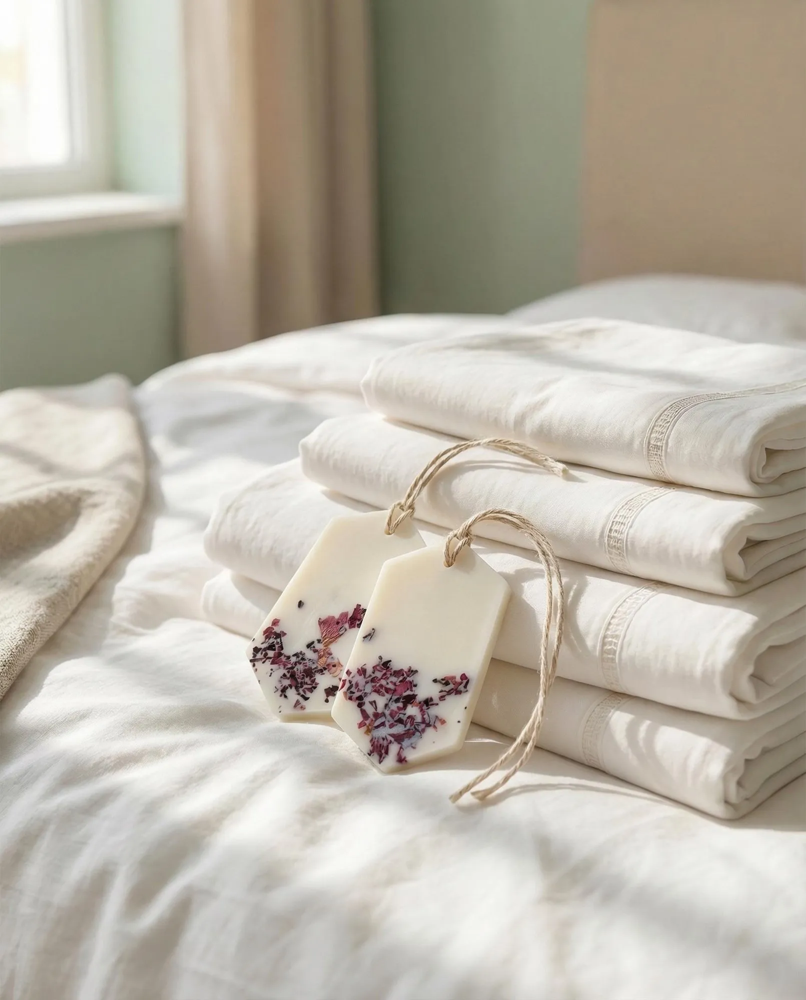 Two Pure Powder Wax Tablets with dried flowers on white bed linen.