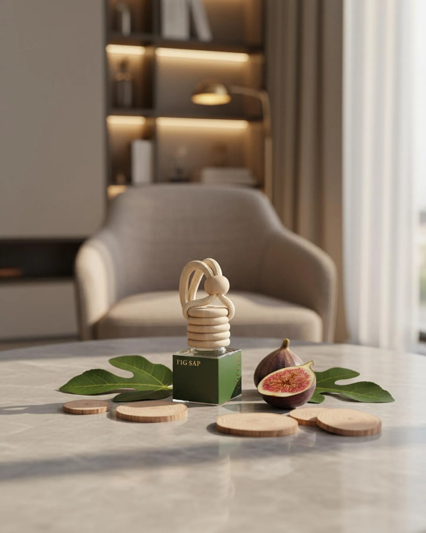 YUMA Fig Sap Car Diffuser with a wooden cap next to fresh figs and leaves.