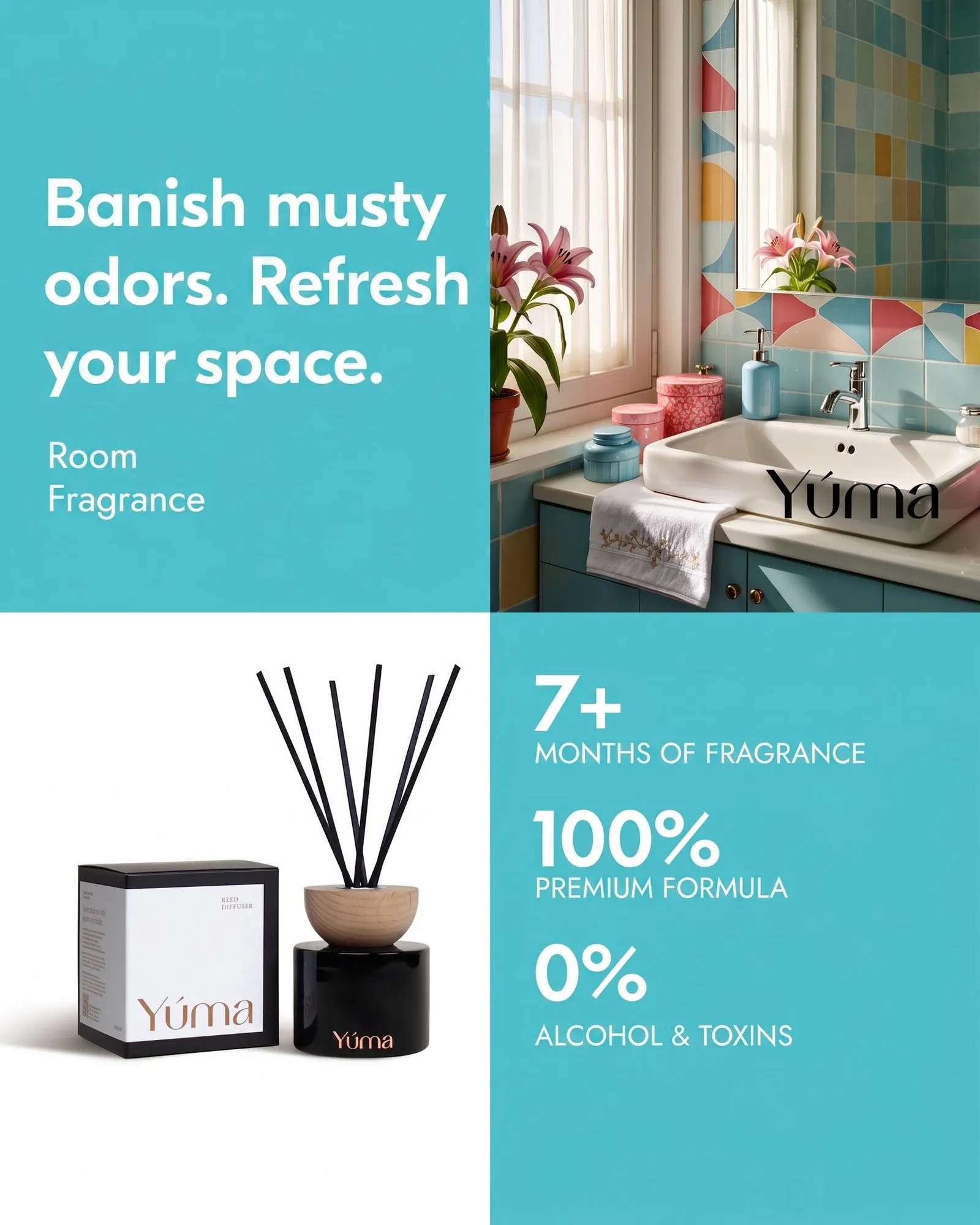 YUMA Laundry Nostalgia reed diffuser next to its packaging, in a composition featuring a bright bathroom with colourful tiles.