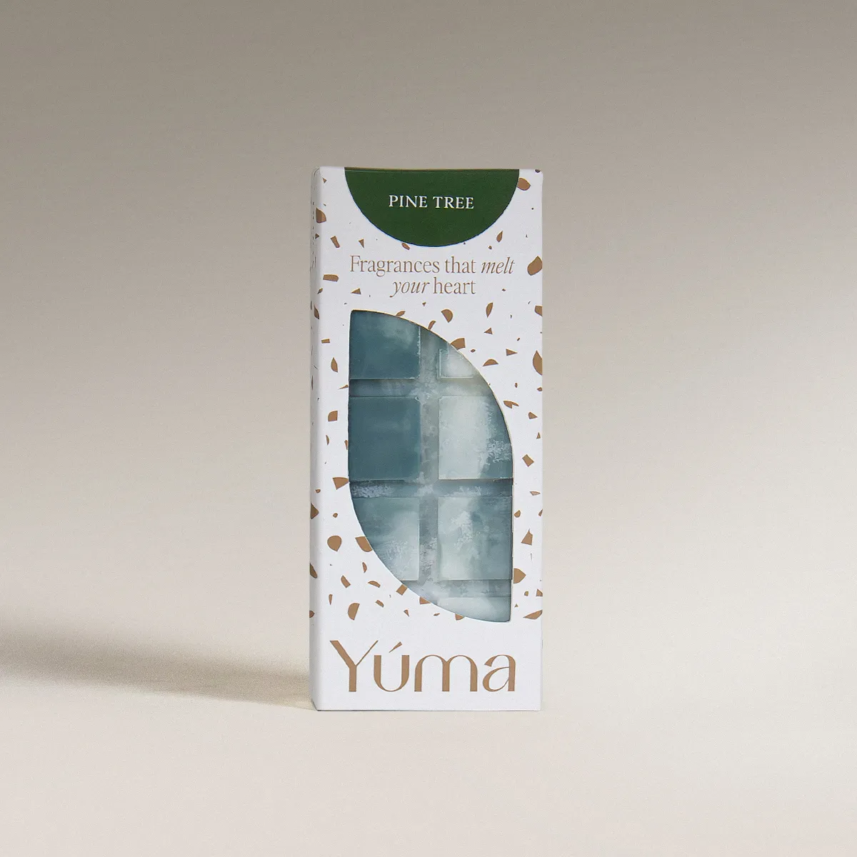 YUMA Pine Tree Wax Melts packaging with green wax cubes in a white box.
