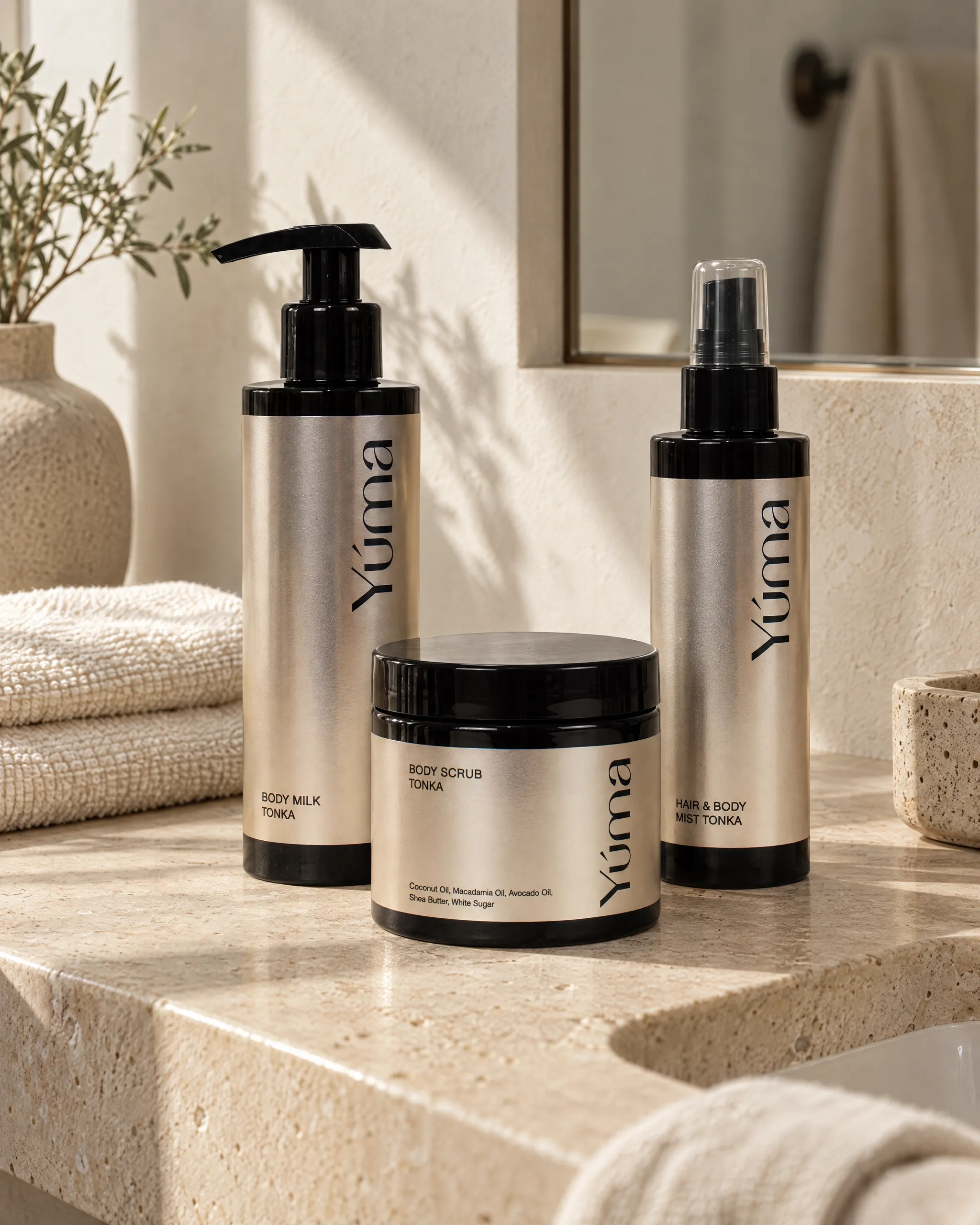Yúma Tonka Body Care Set in a home setting.