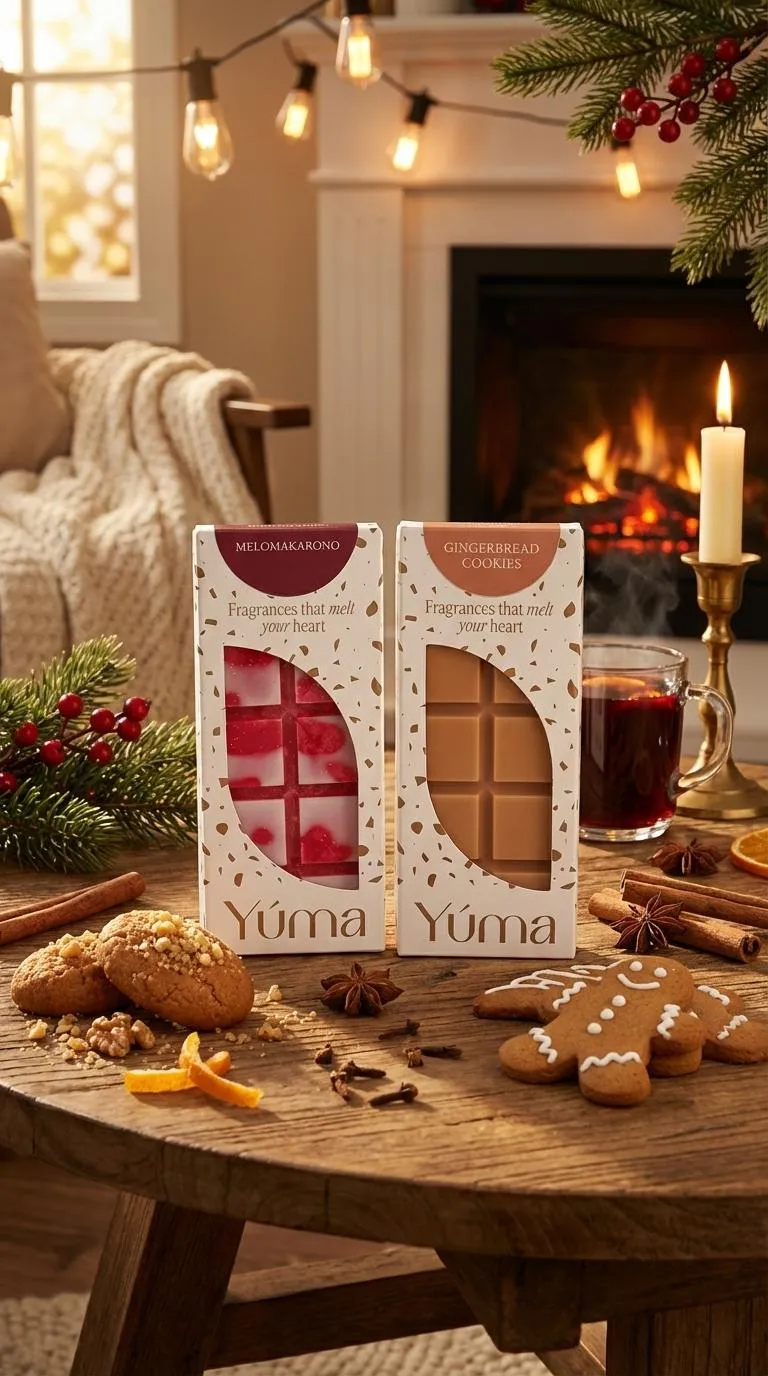 YUMA Gingerbread Cookies packaging and a second festive wax melt package on a wooden table with biscuits and a fireplace.