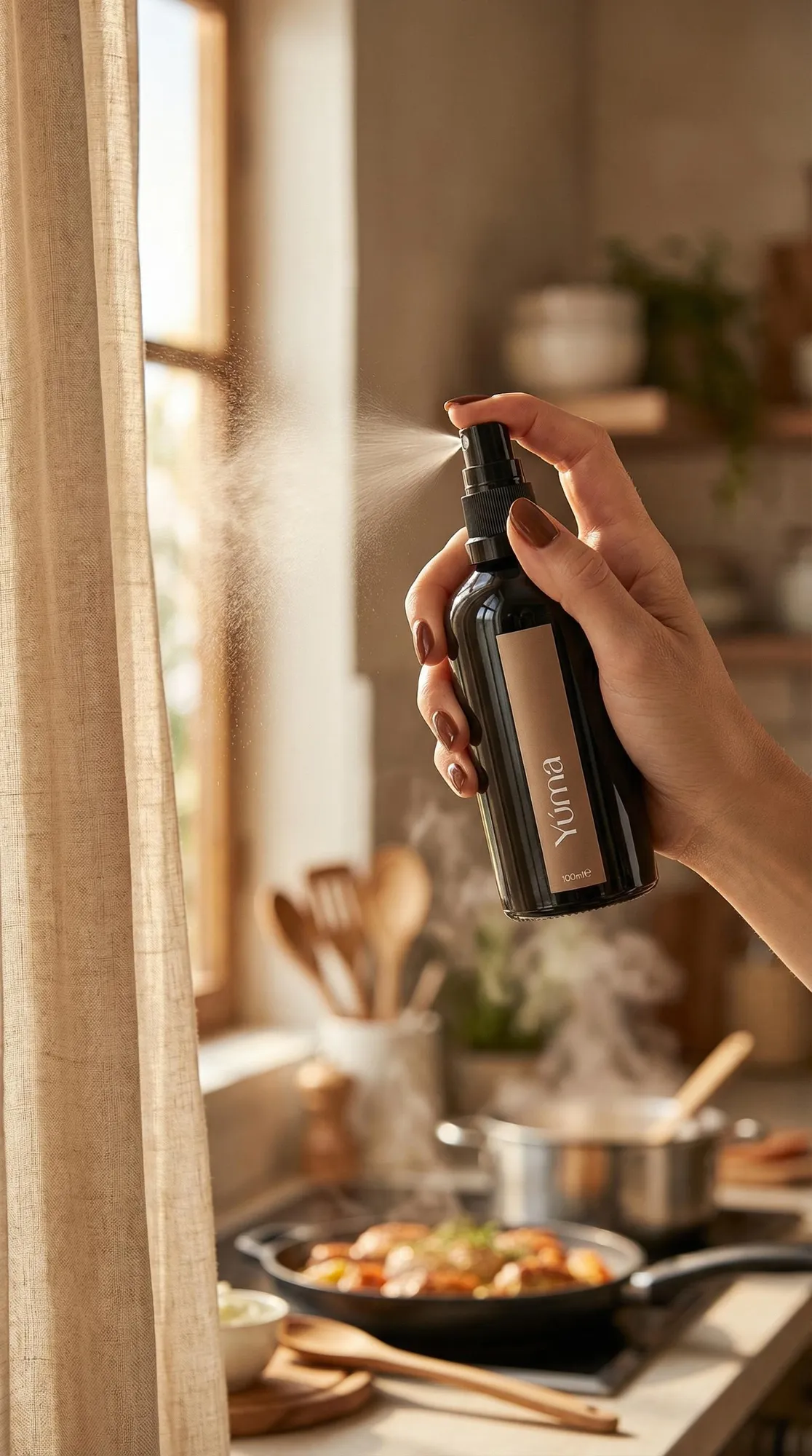 A woman's hand spraying YUMA's Gold Orchid Fabric Spray in front of an open kitchen window.
