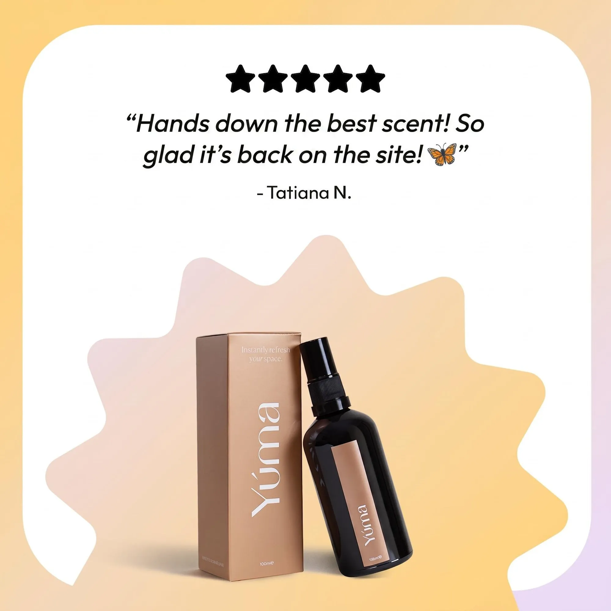 YUMA Gold Orchid dark glass spray bottle next to its paper packaging, with a customer review.