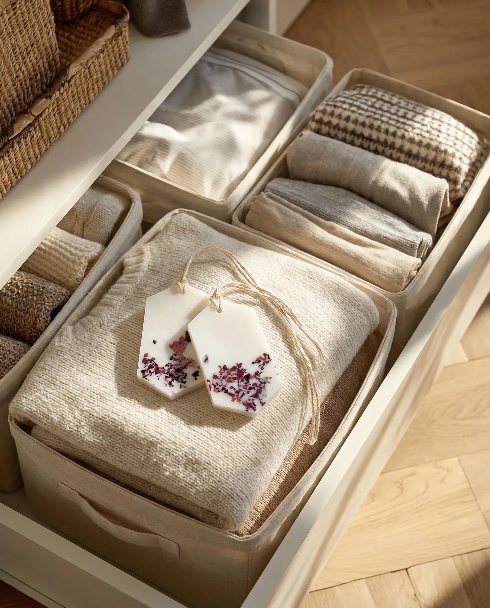 Two Pure Powder Wax Tablets with dried petals on folded clothes.