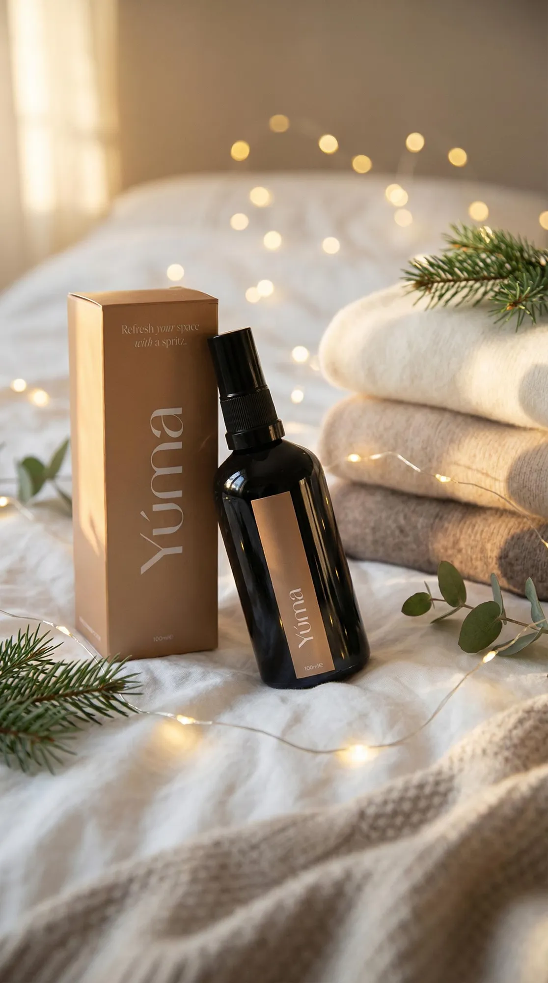 YUMA Melomakarono Fabric Spray next to its packaging on white bedding with fairy lights.