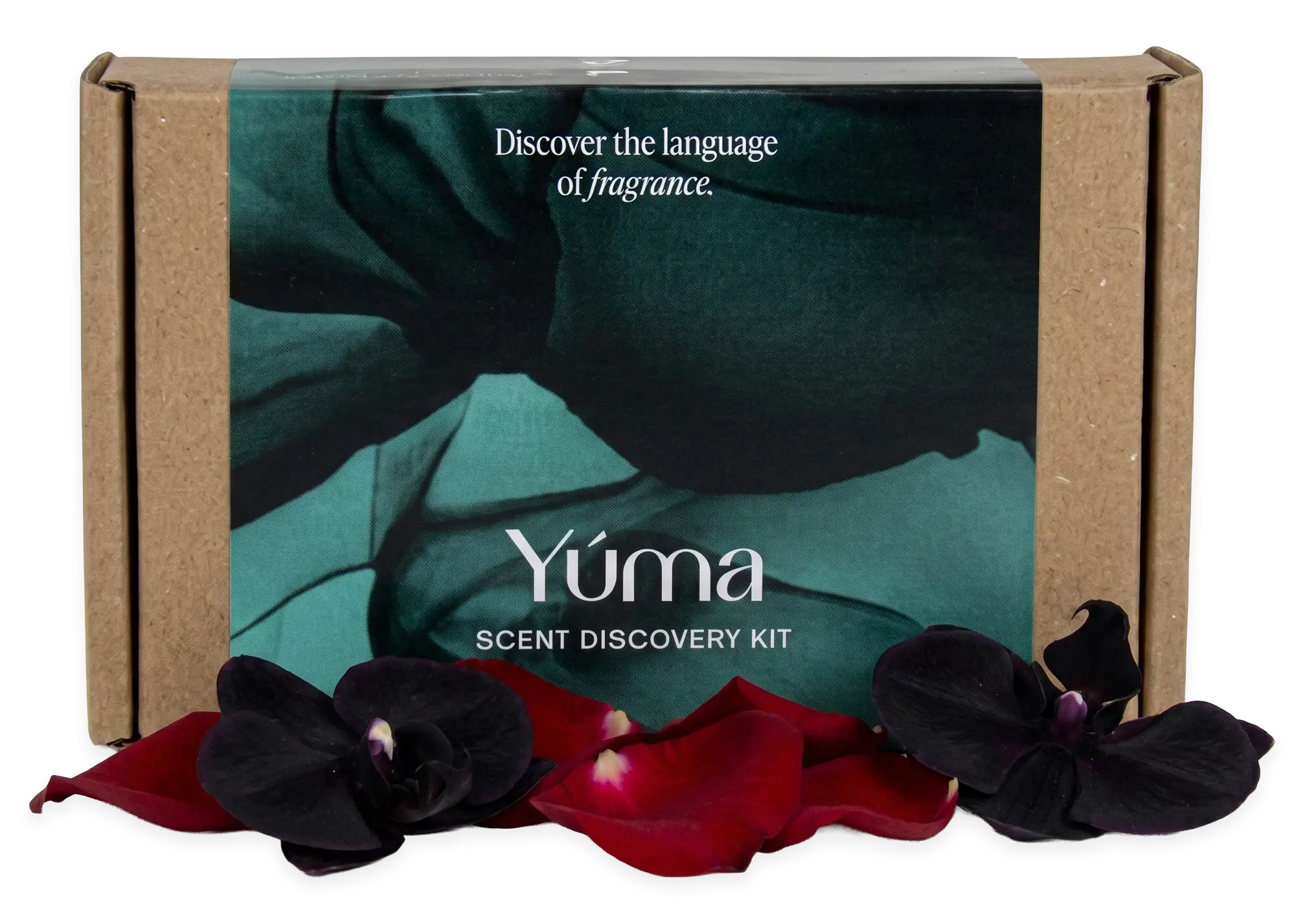 The YUMA Scent Discovery Kit box, framed by dark orchids and rose petals The YUMA Scent Discovery Kit box, framed by dark orchids and rose petals