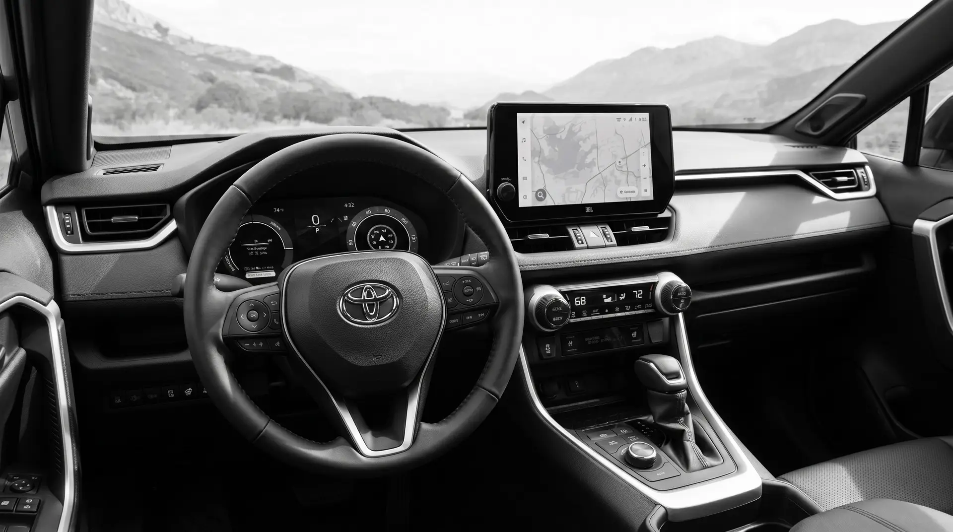 A car cabin with a leather steering wheel, dashboard, and central air vents. A car cabin with a leather steering wheel, dashboard, and central air vents.
